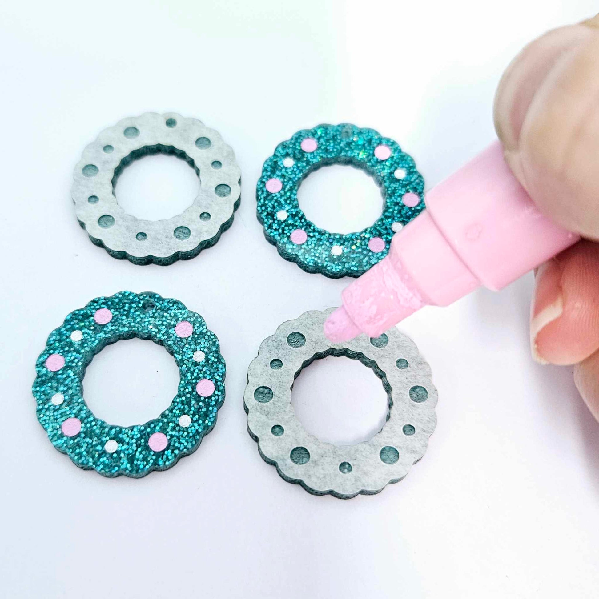 teal glitter wreath Christmas Xmas bows DIY earring supplies laser cut acrylic dangles blanks engraved paint filled baubles layered hoops