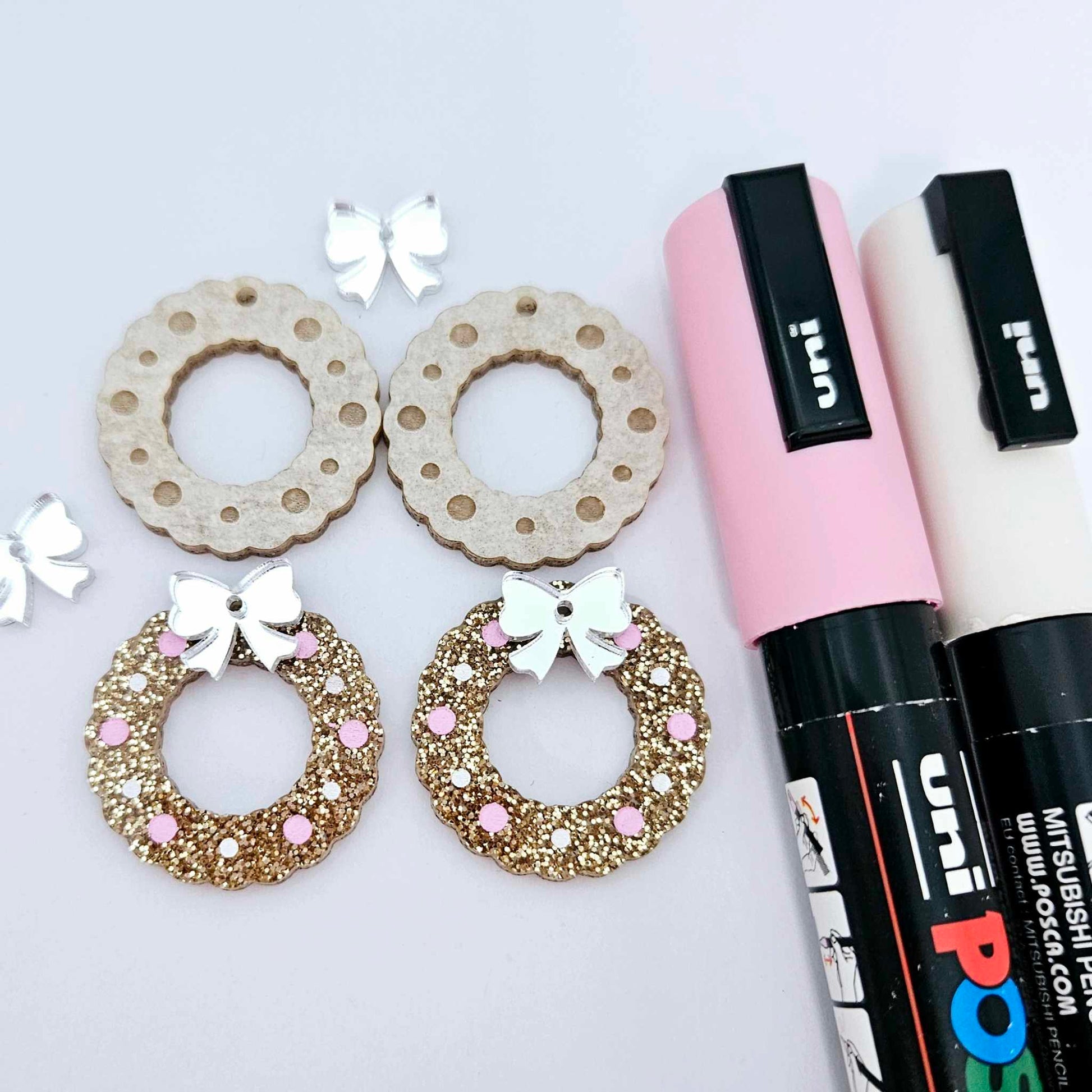 rose gold glitter wreath Christmas Xmas bows DIY earring supplies laser cut acrylic dangles blanks engraved paint filled baubles layered hoops