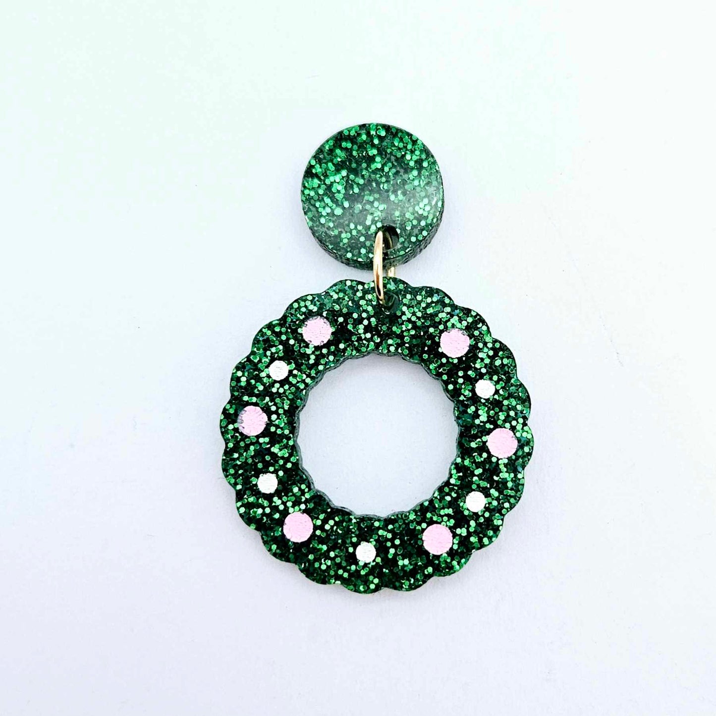 green glitter wreath Christmas Xmas bows DIY earring supplies laser cut acrylic dangles blanks engraved paint filled baubles layered hoops