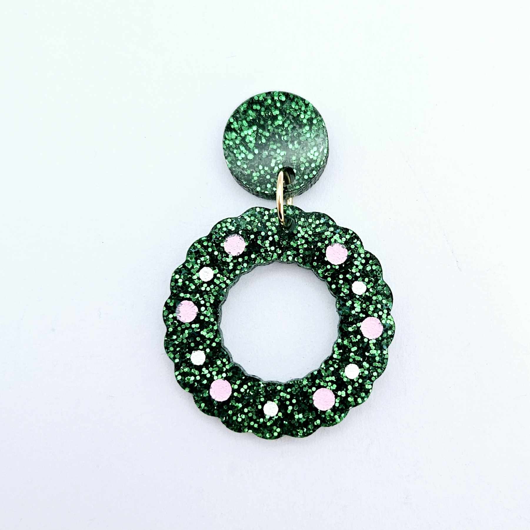 green glitter wreath Christmas Xmas bows DIY earring supplies laser cut acrylic dangles blanks engraved paint filled baubles layered hoops