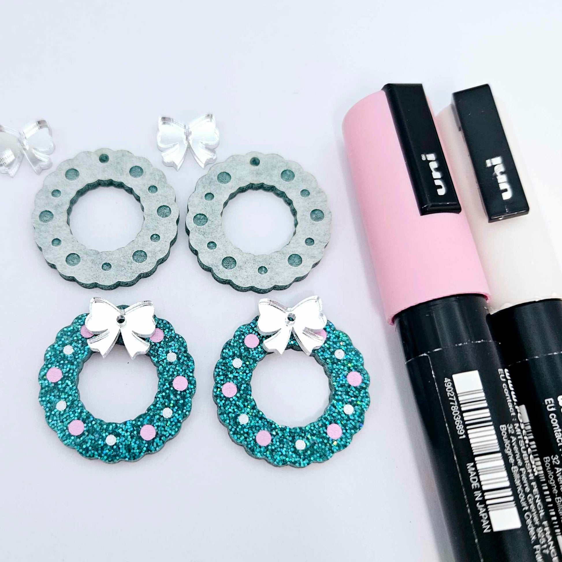teal glitter wreath Christmas Xmas bows DIY earring supplies laser cut acrylic dangles blanks engraved paint filled baubles layered hoops