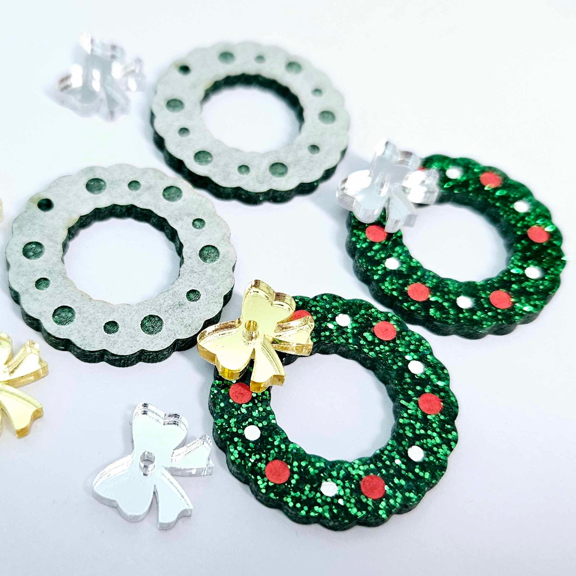 green glitter wreath Christmas Xmas bows DIY earring supplies laser cut acrylic dangles blanks engraved paint filled baubles layered hoops