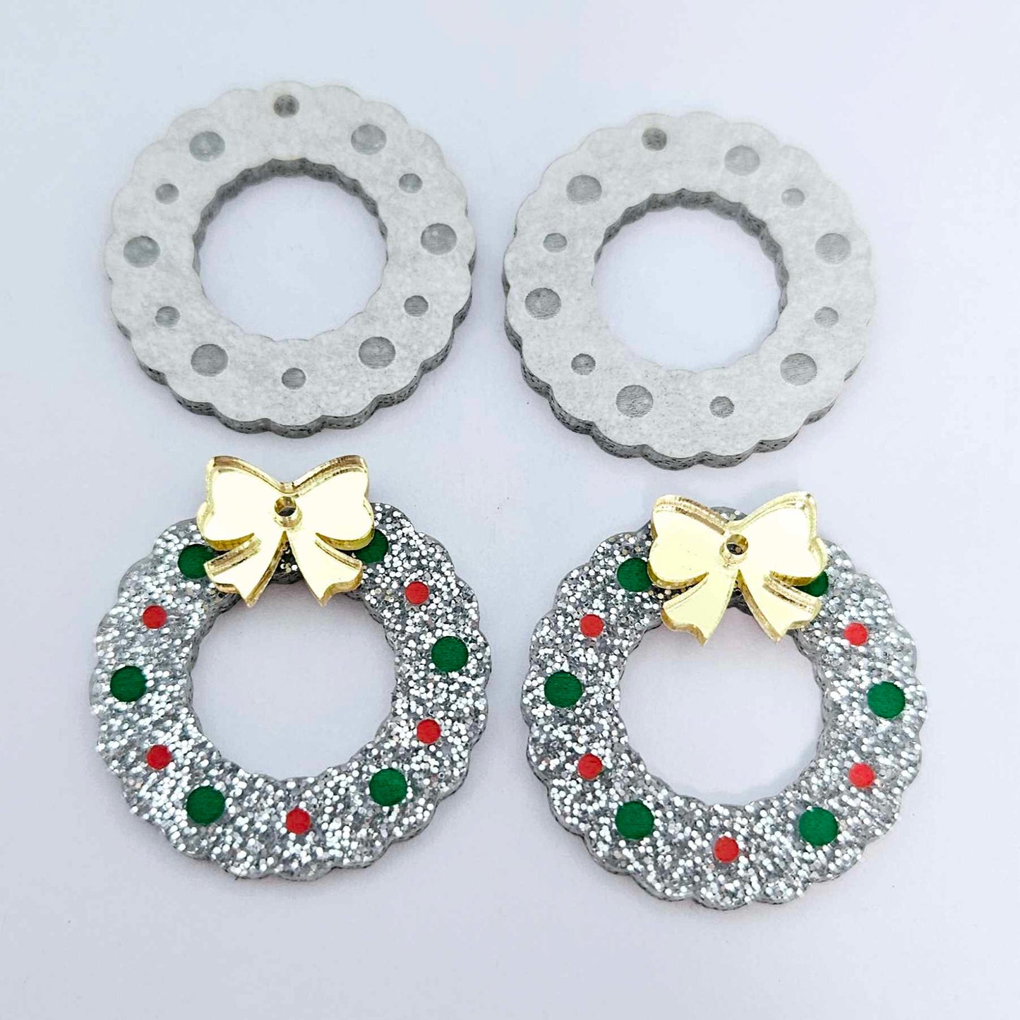 silver glitter wreath Christmas Xmas bows DIY earring supplies laser cut acrylic dangles blanks engraved paint filled baubles layered hoops