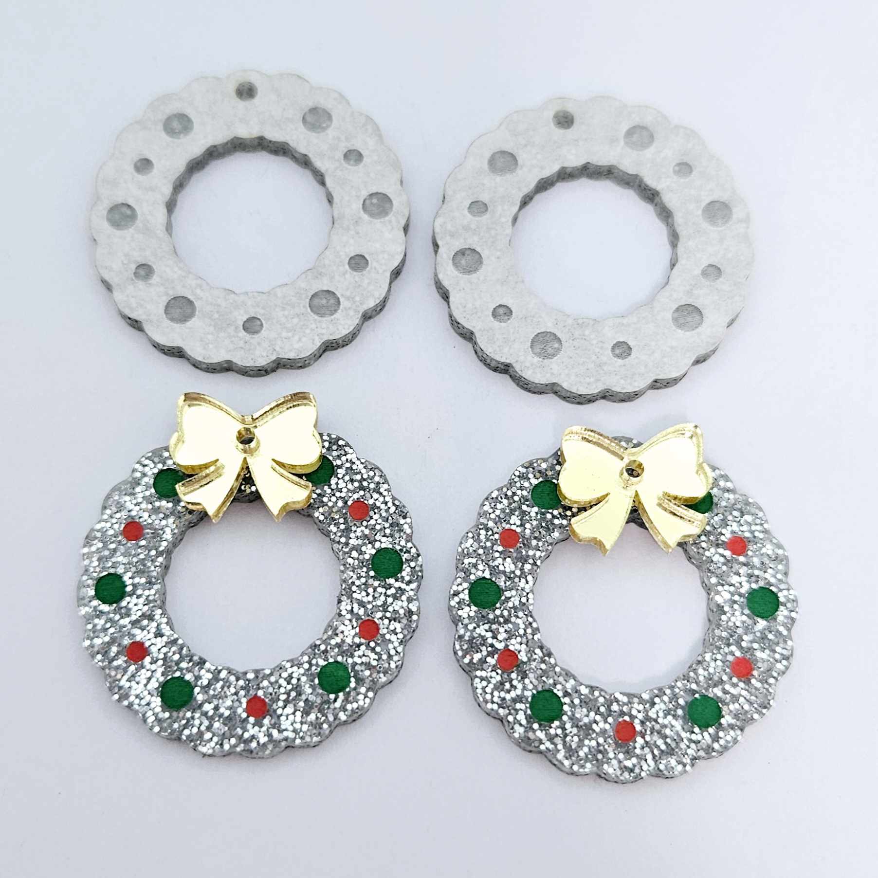 silver glitter wreath Christmas Xmas bows DIY earring supplies laser cut acrylic dangles blanks engraved paint filled baubles layered hoops