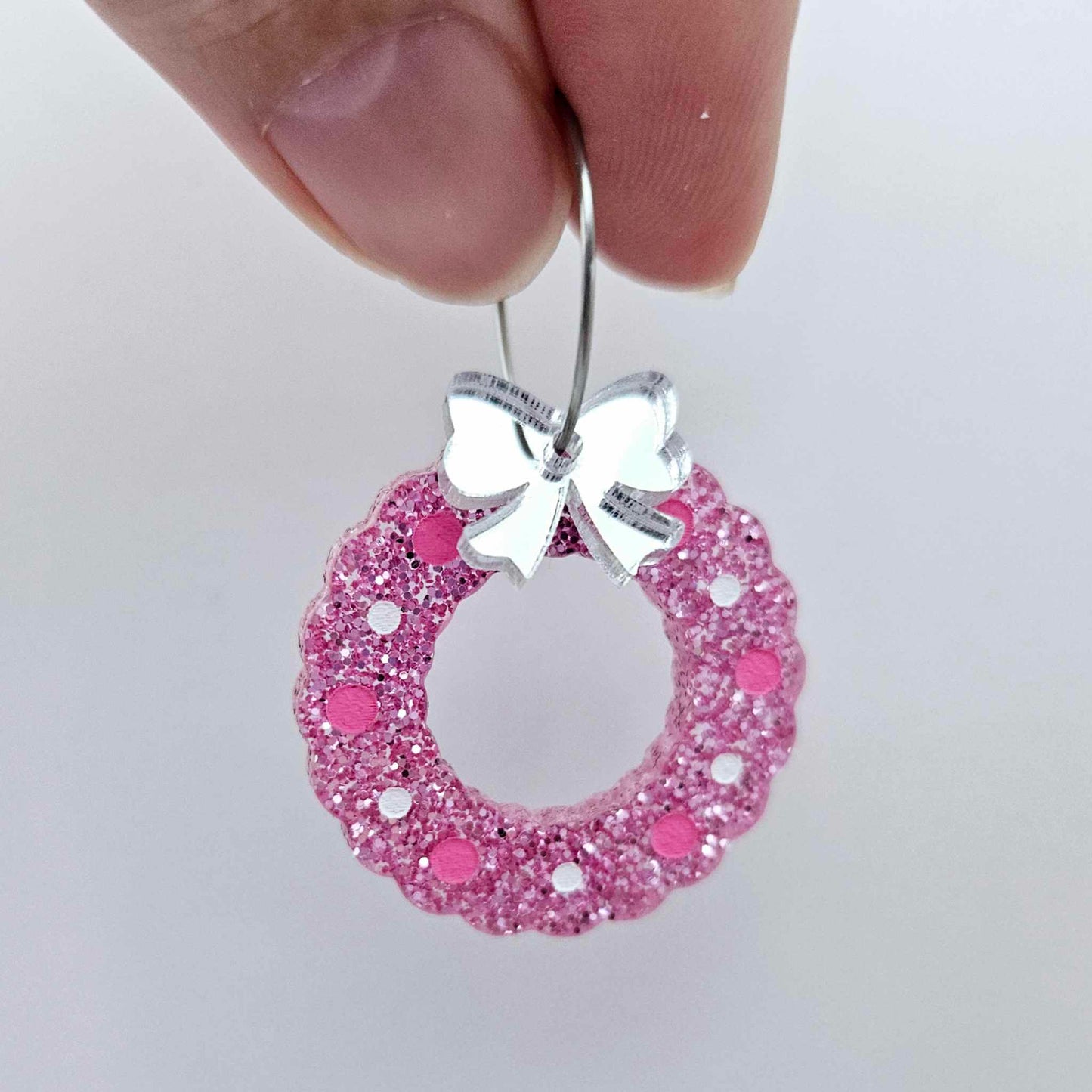 pink glitter wreath Christmas Xmas bows DIY earring supplies laser cut acrylic dangles blanks engraved paint filled baubles layered hoops