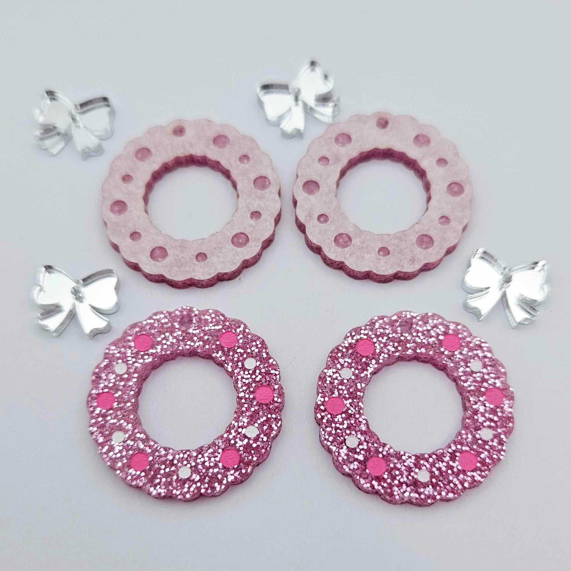 pink glitter wreath Christmas Xmas bows DIY earring supplies laser cut acrylic dangles blanks engraved paint filled baubles layered hoops