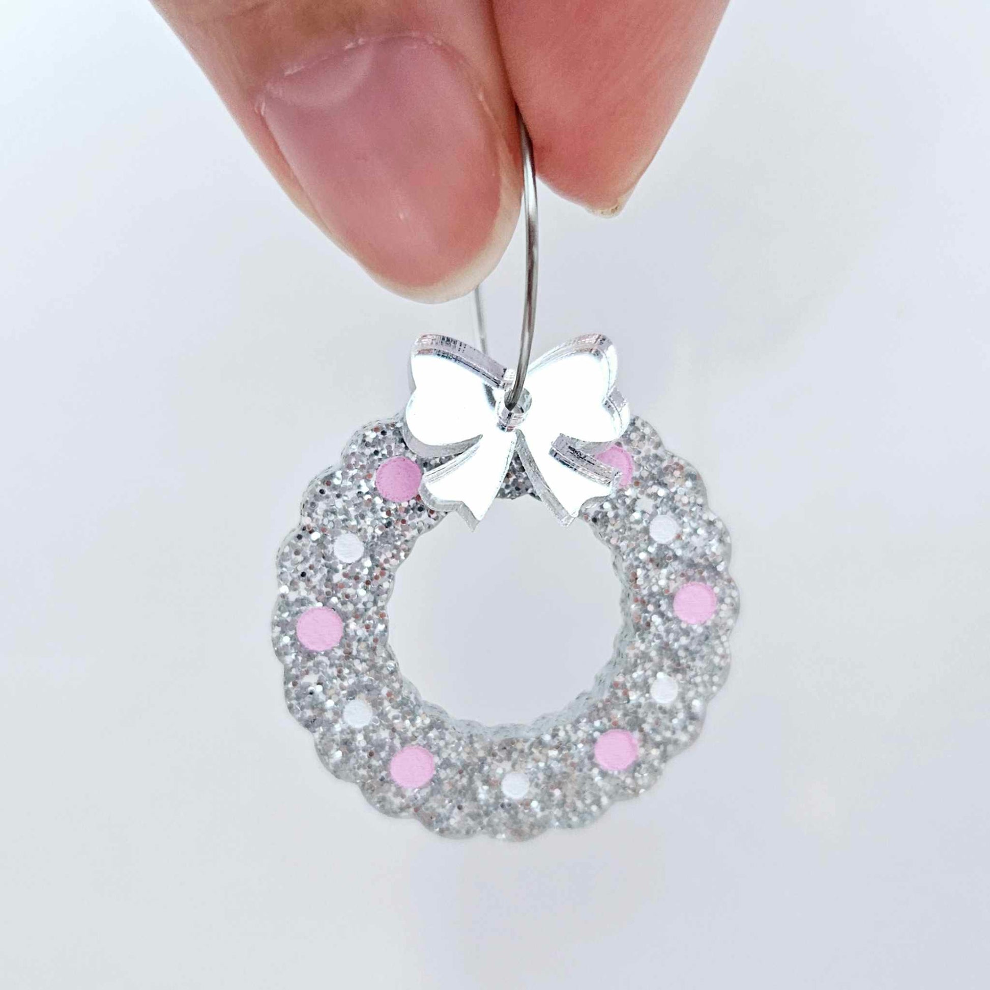 silver glitter wreath Christmas Xmas bows DIY earring supplies laser cut acrylic dangles blanks engraved paint filled baubles layered hoops