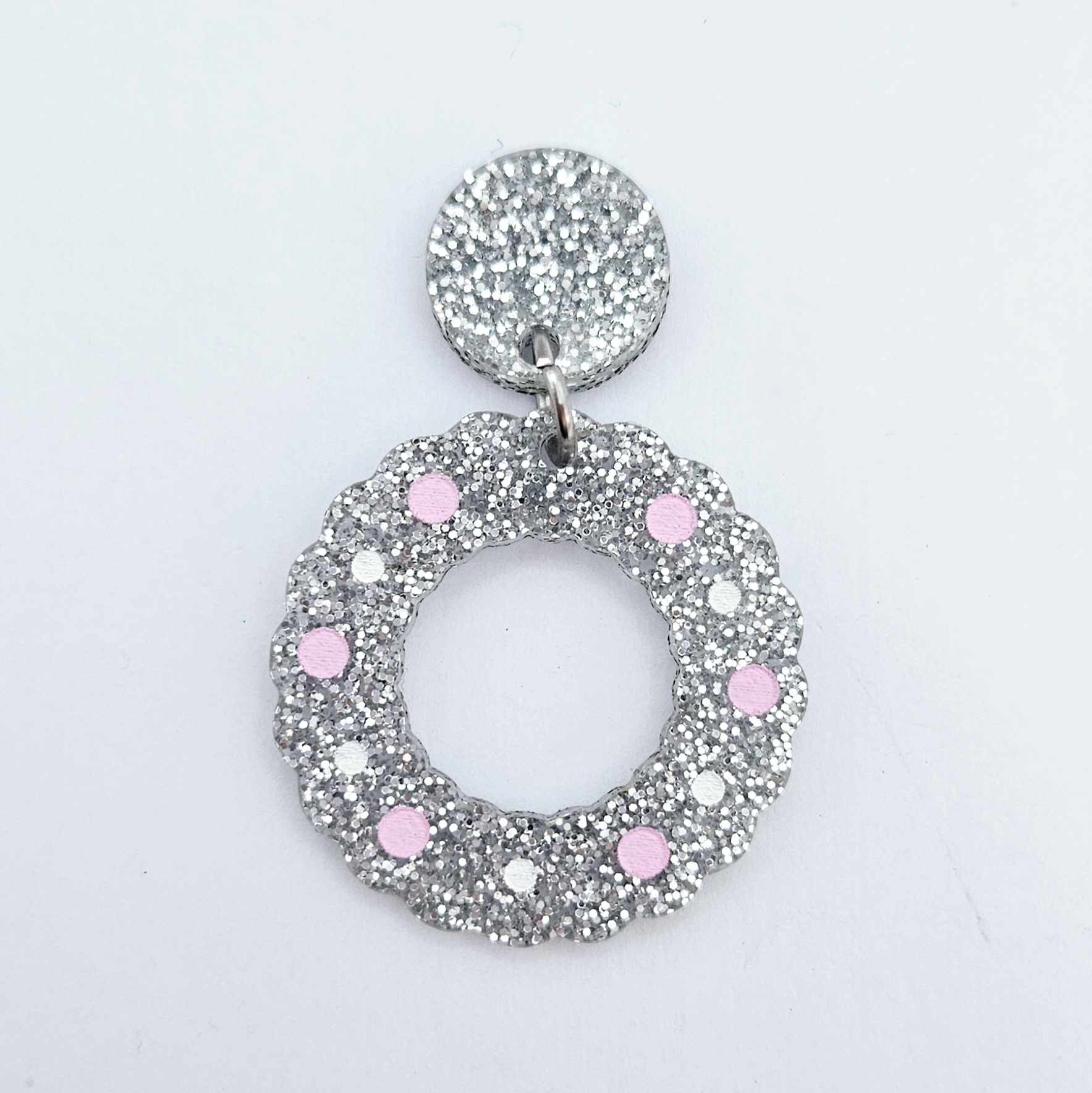silver glitter wreath Christmas Xmas bows DIY earring supplies laser cut acrylic dangles blanks engraved paint filled baubles layered hoops