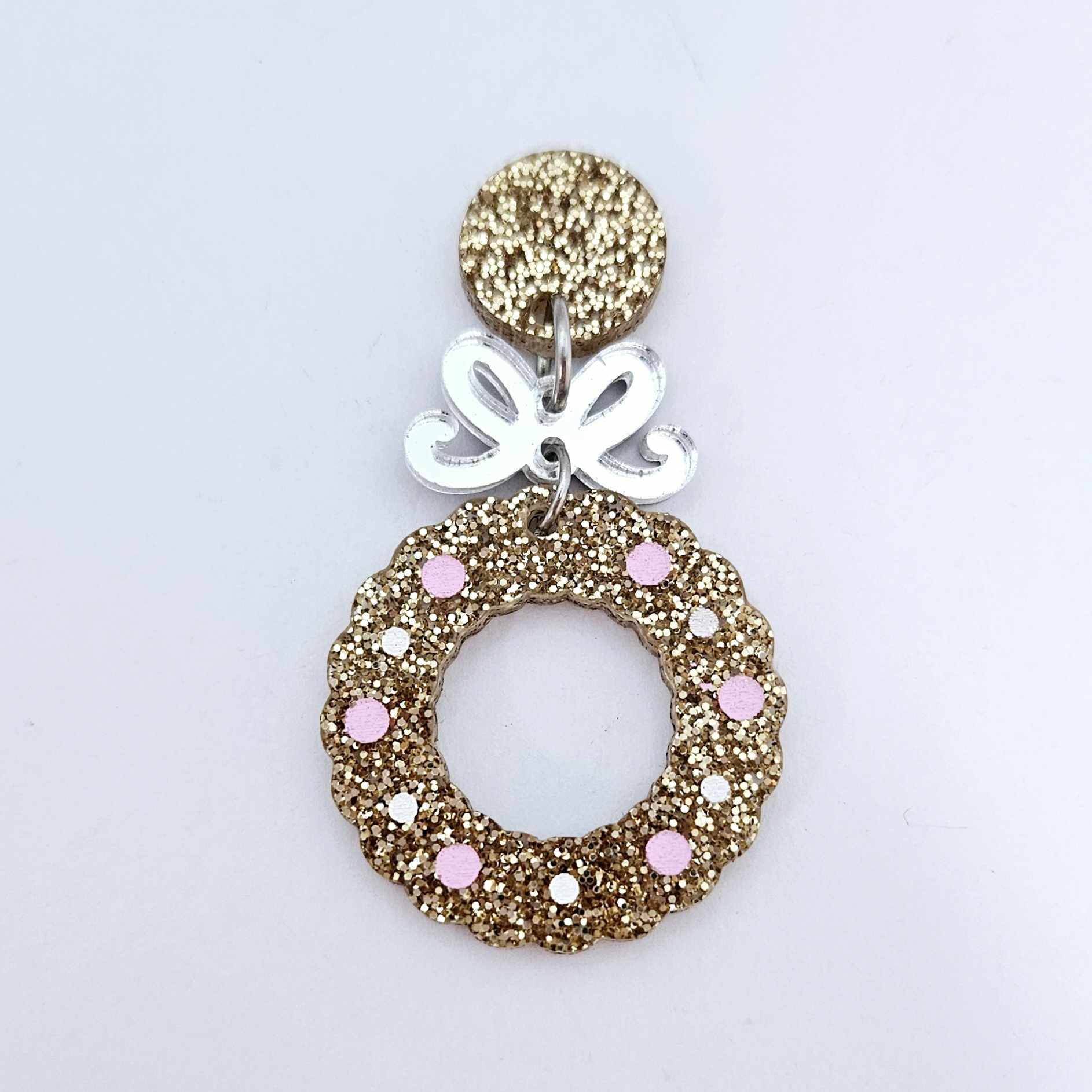 rose gold glitter wreath Christmas Xmas bows DIY earring supplies laser cut acrylic dangles blanks engraved paint filled baubles layered hoops
