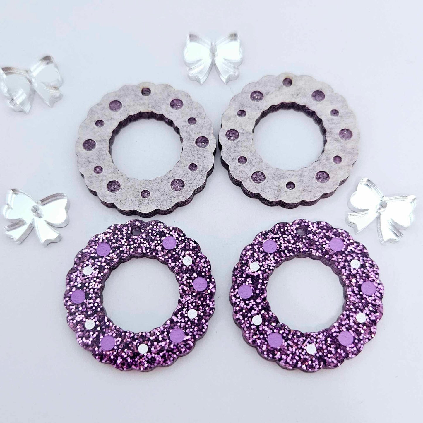 purple glitter wreath Christmas Xmas bows DIY earring supplies laser cut acrylic dangles blanks engraved paint filled baubles layered hoops
