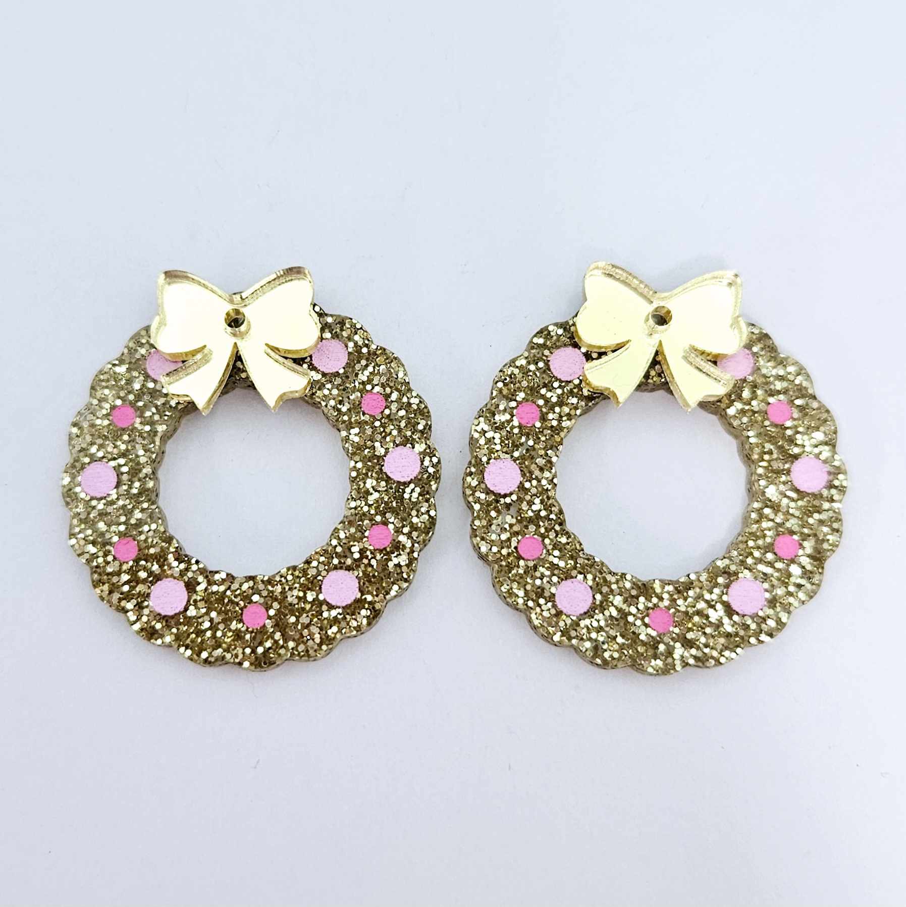 gold glitter wreath Christmas Xmas bows DIY earring supplies laser cut acrylic dangles blanks engraved paint filled baubles layered hoops