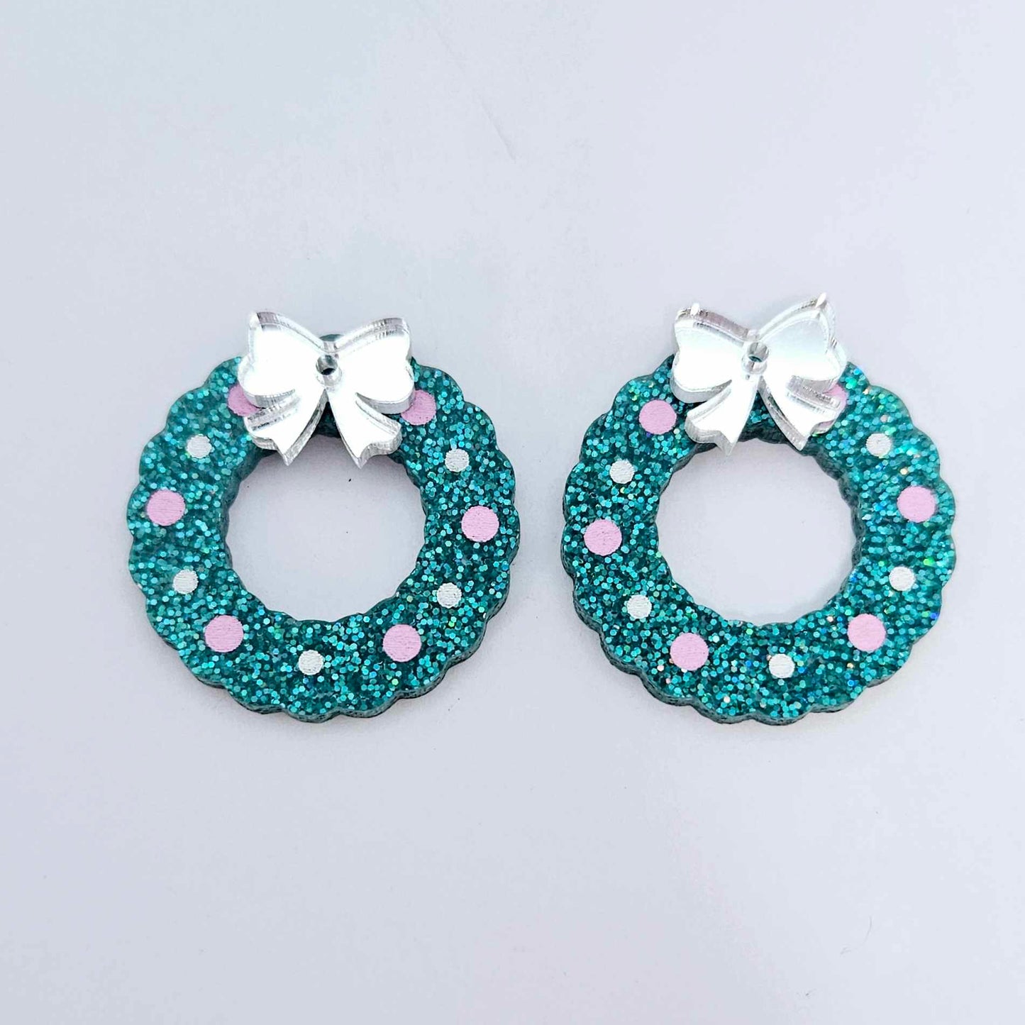 teal glitter wreath Christmas Xmas bows DIY earring supplies laser cut acrylic dangles blanks engraved paint filled baubles layered hoops