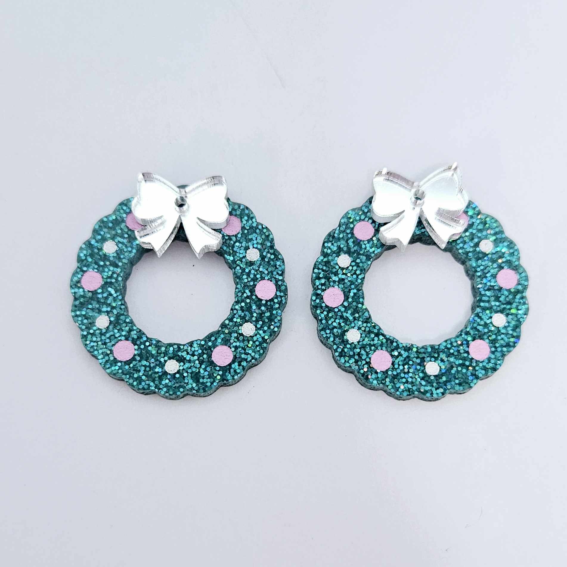 teal glitter wreath Christmas Xmas bows DIY earring supplies laser cut acrylic dangles blanks engraved paint filled baubles layered hoops
