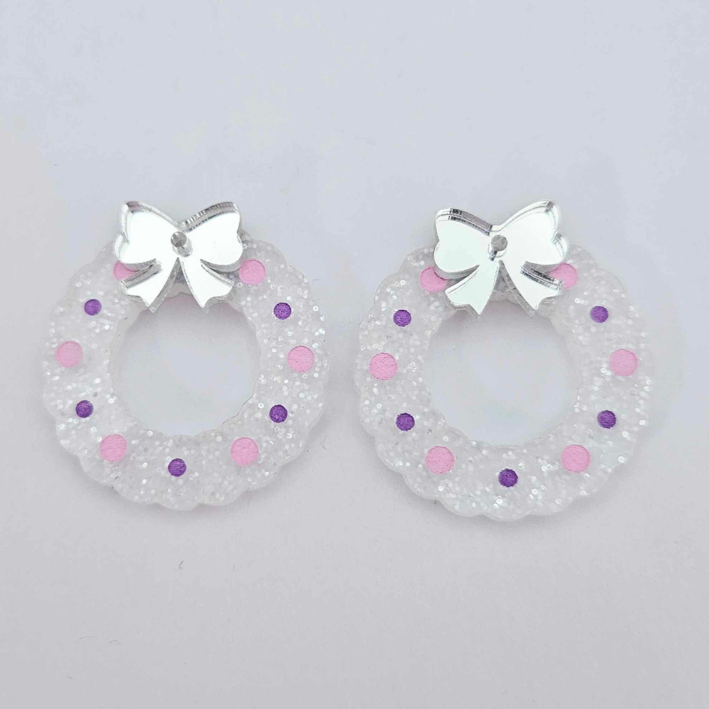 fairy dust clear silver glitter wreath Christmas Xmas bows DIY earring supplies laser cut acrylic dangles blanks engraved paint filled baubles layered hoops