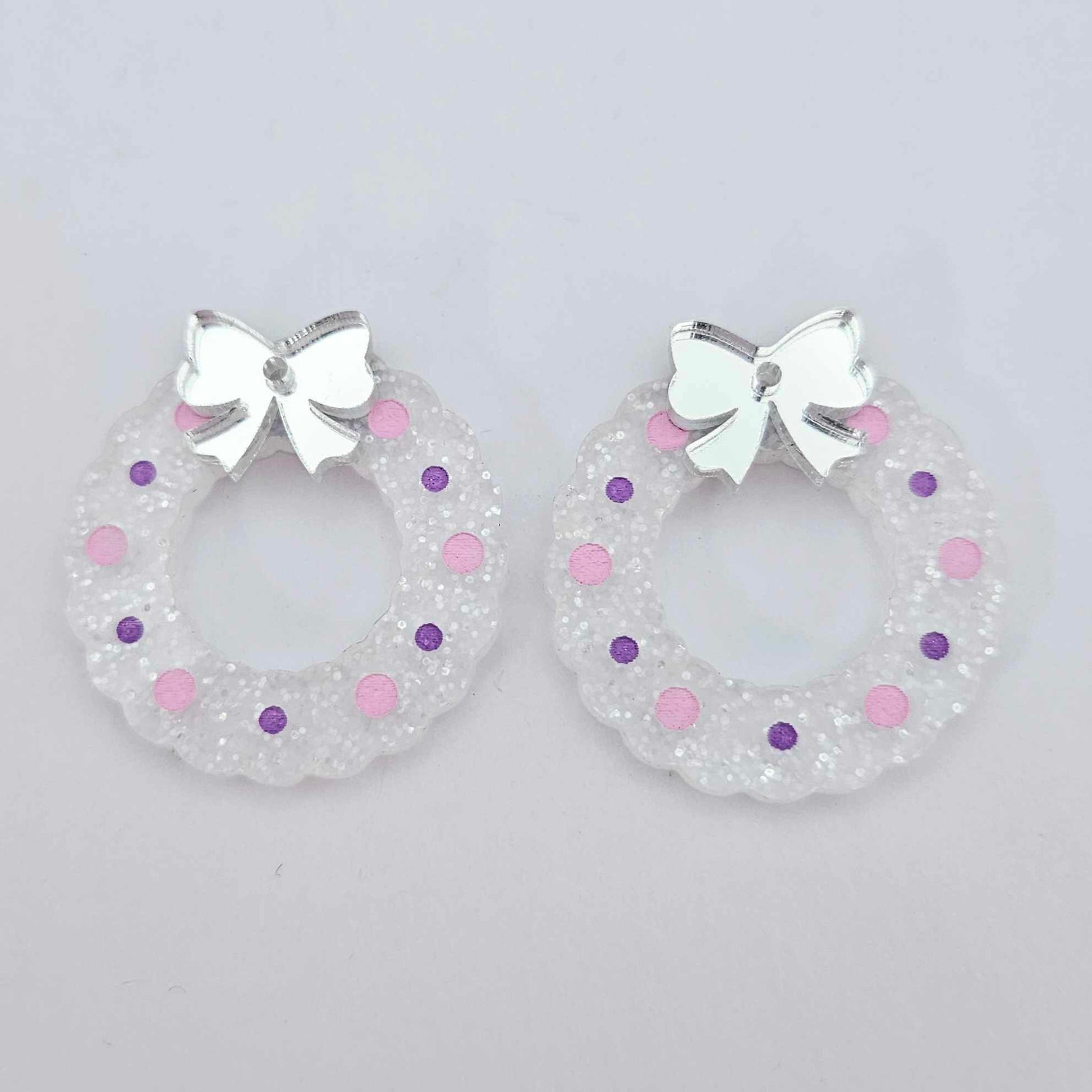 fairy dust clear silver glitter wreath Christmas Xmas bows DIY earring supplies laser cut acrylic dangles blanks engraved paint filled baubles layered hoops
