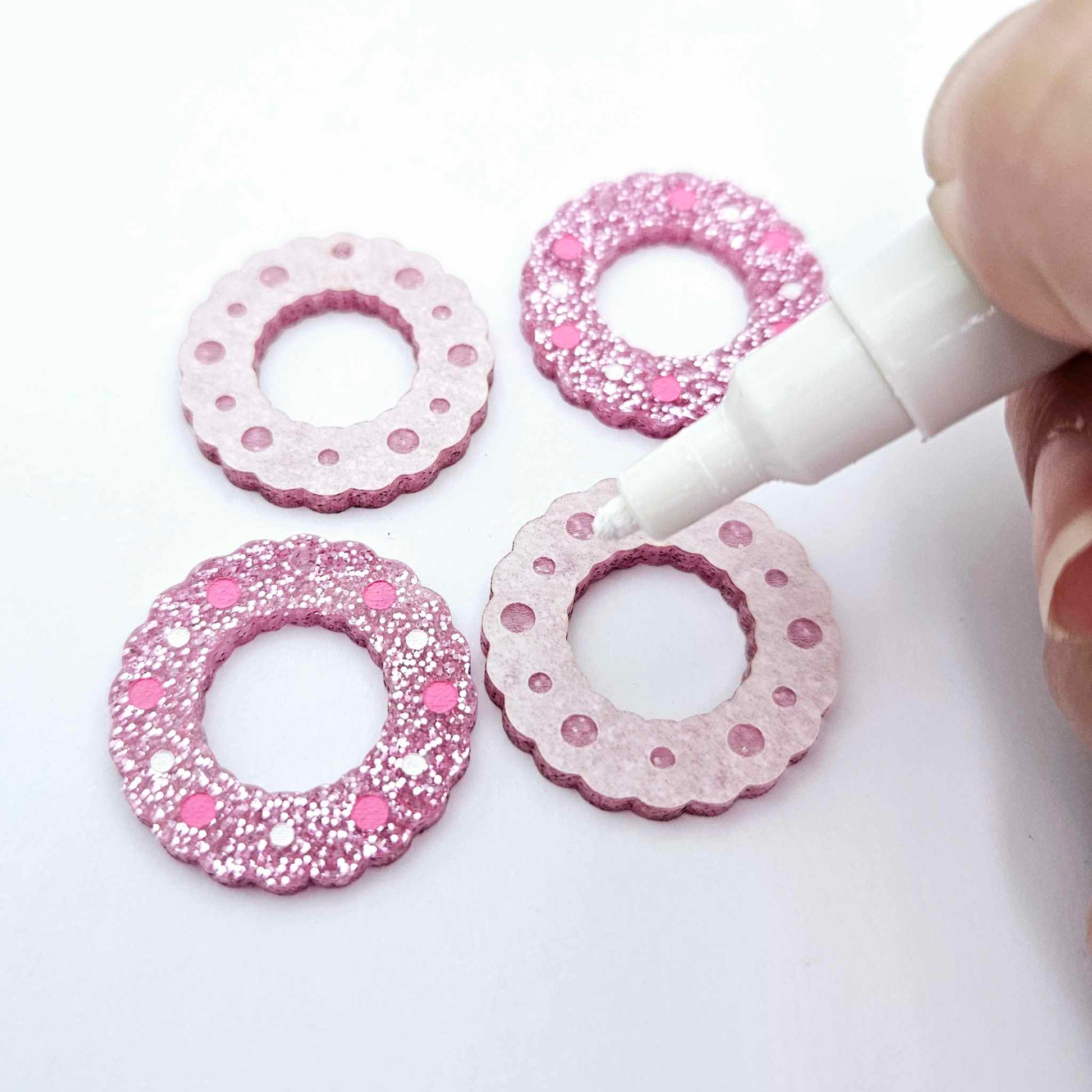 pink glitter wreath Christmas Xmas bows DIY earring supplies laser cut acrylic dangles blanks engraved paint filled baubles layered hoops