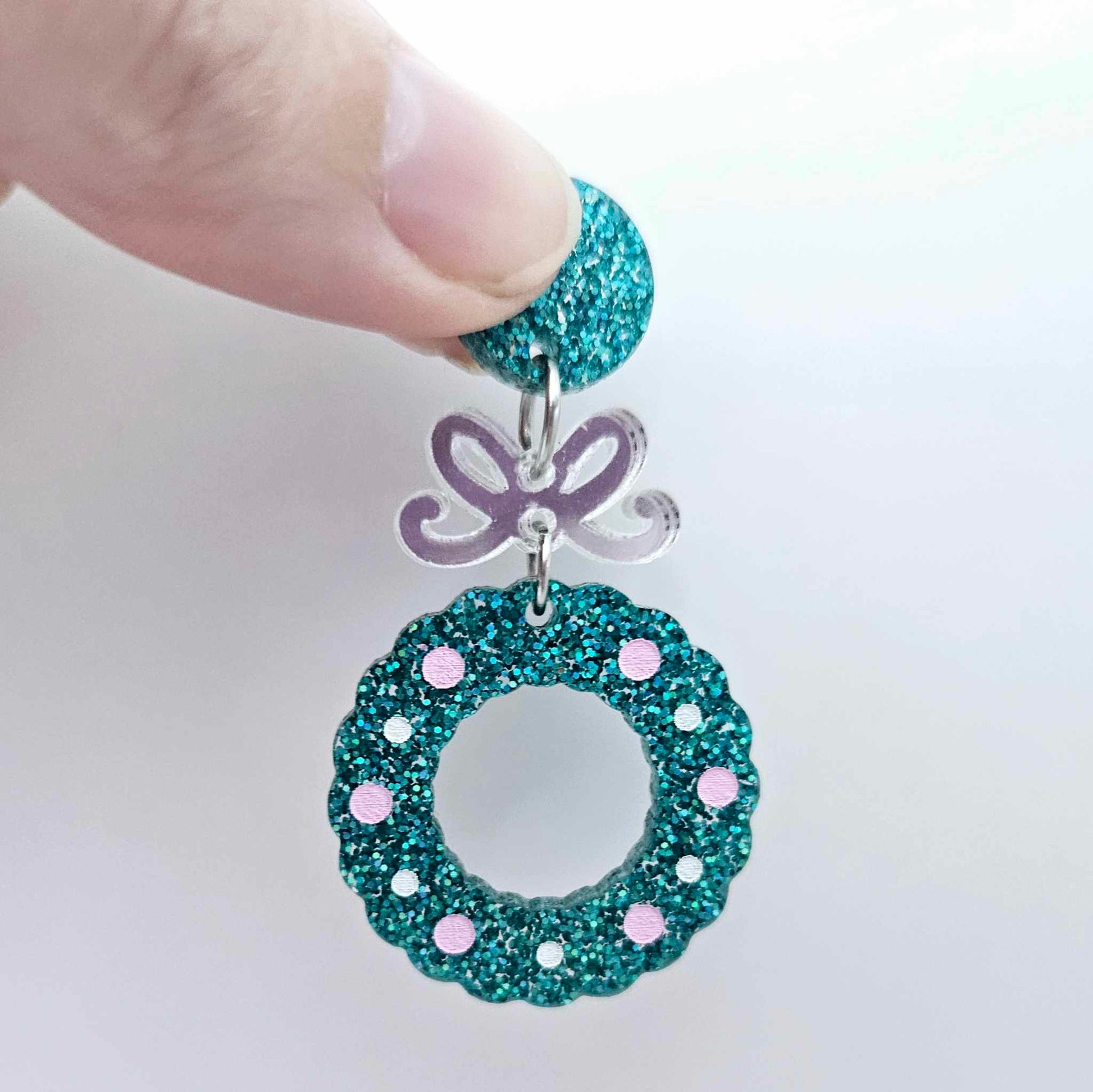 teal glitter wreath Christmas Xmas bows DIY earring supplies laser cut acrylic dangles blanks engraved paint filled baubles layered hoops