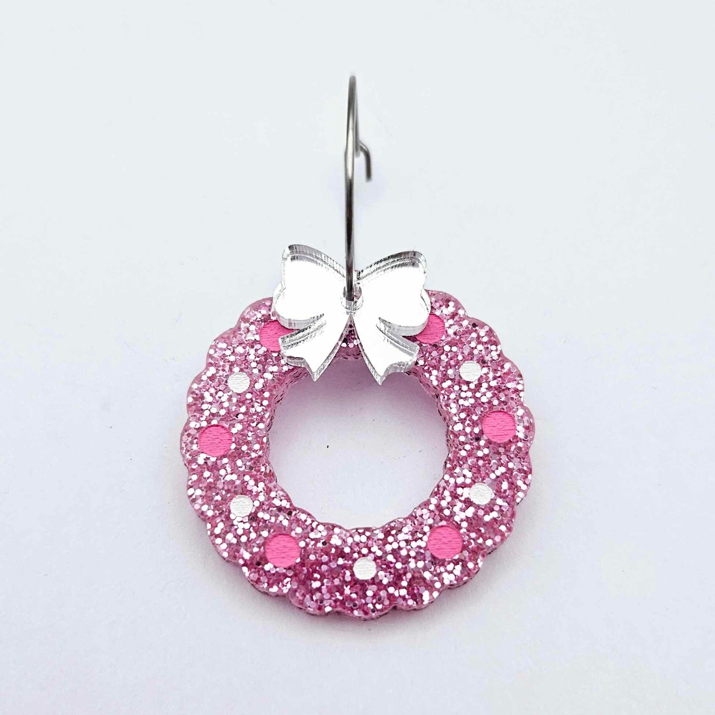 pink glitter wreath Christmas Xmas bows DIY earring supplies laser cut acrylic dangles blanks engraved paint filled baubles layered hoops