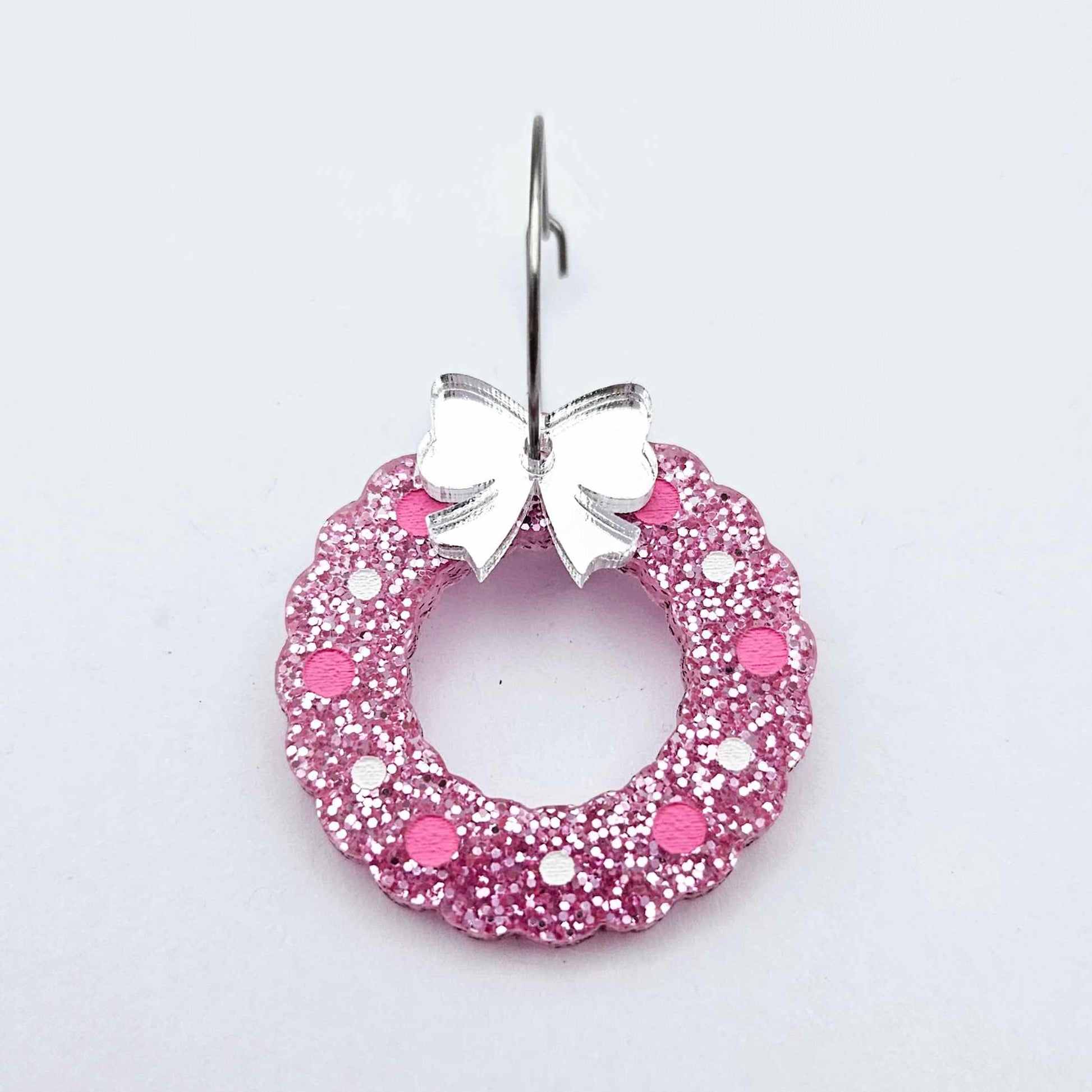 pink glitter wreath Christmas Xmas bows DIY earring supplies laser cut acrylic dangles blanks engraved paint filled baubles layered hoops