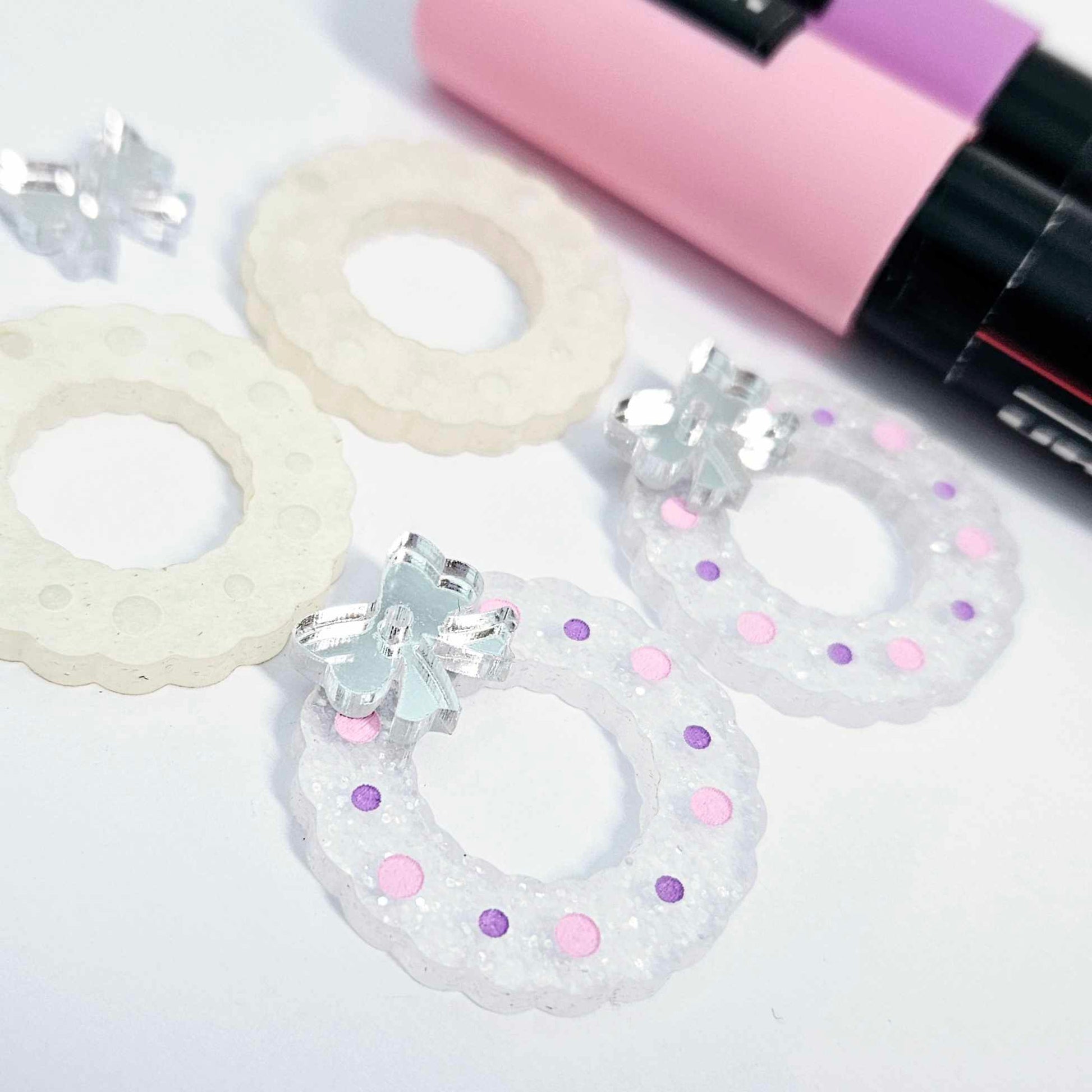 fairy dust clear silver glitter wreath Christmas Xmas bows DIY earring supplies laser cut acrylic dangles blanks engraved paint filled baubles layered hoops