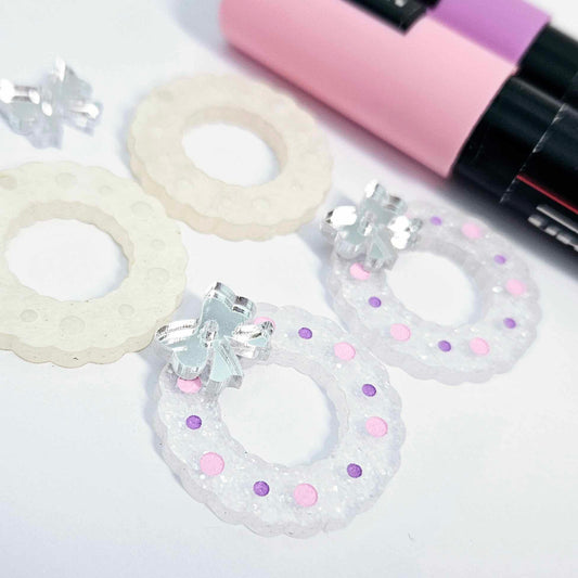 fairy dust clear silver glitter wreath Christmas Xmas bows DIY earring supplies laser cut acrylic dangles blanks engraved paint filled baubles layered hoops