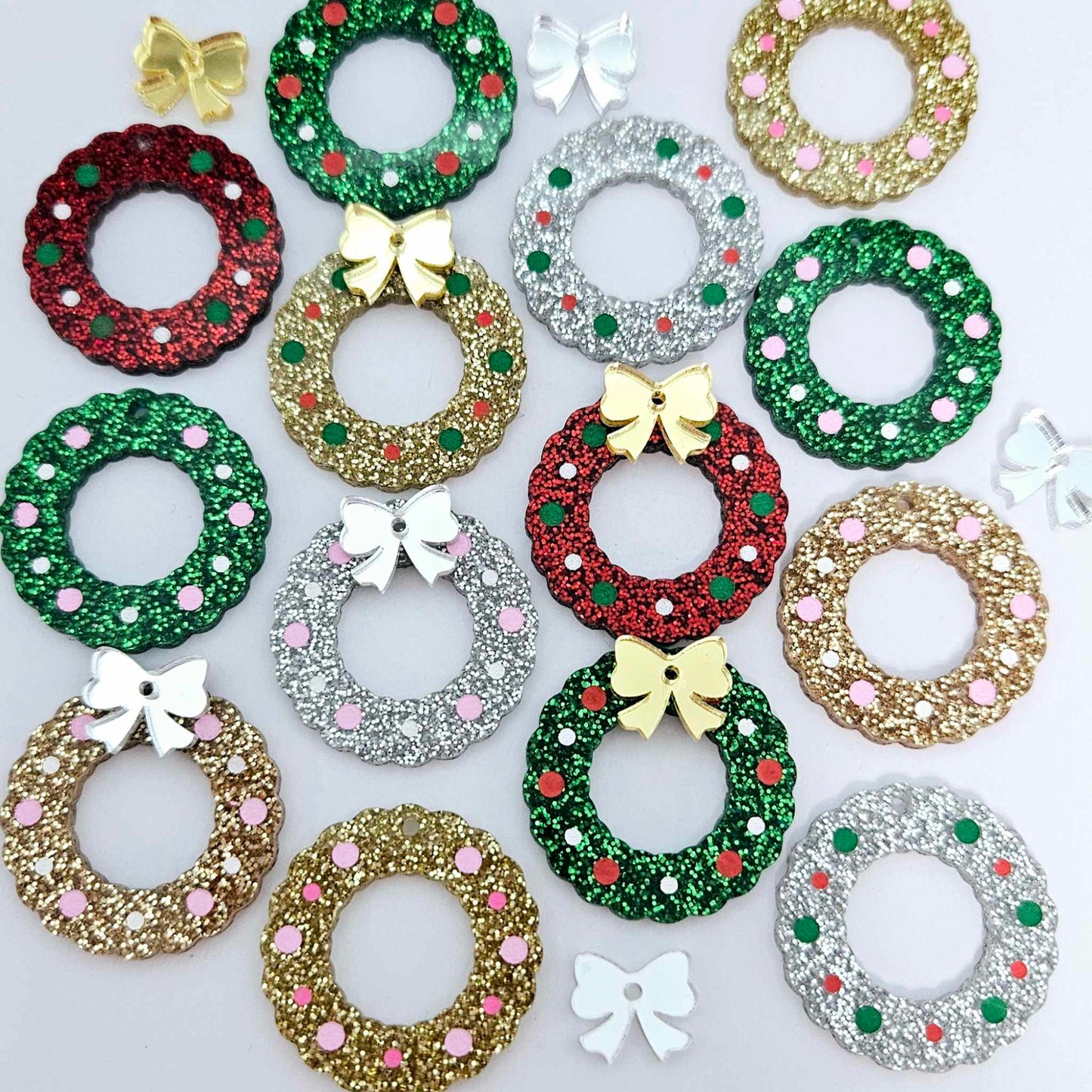green red gold silver rose gold glitter wreath Christmas Xmas bows DIY earring supplies laser cut acrylic dangles blanks engraved paint filled baubles layered hoops mixed pack