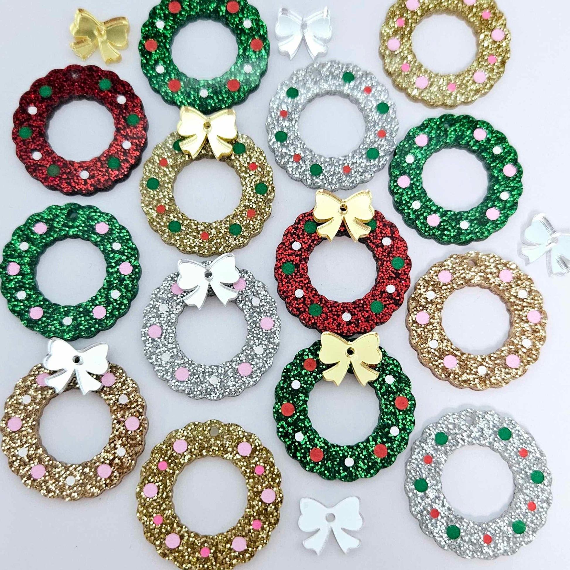 green red gold silver rose gold glitter wreath Christmas Xmas bows DIY earring supplies laser cut acrylic dangles blanks engraved paint filled baubles layered hoops mixed pack