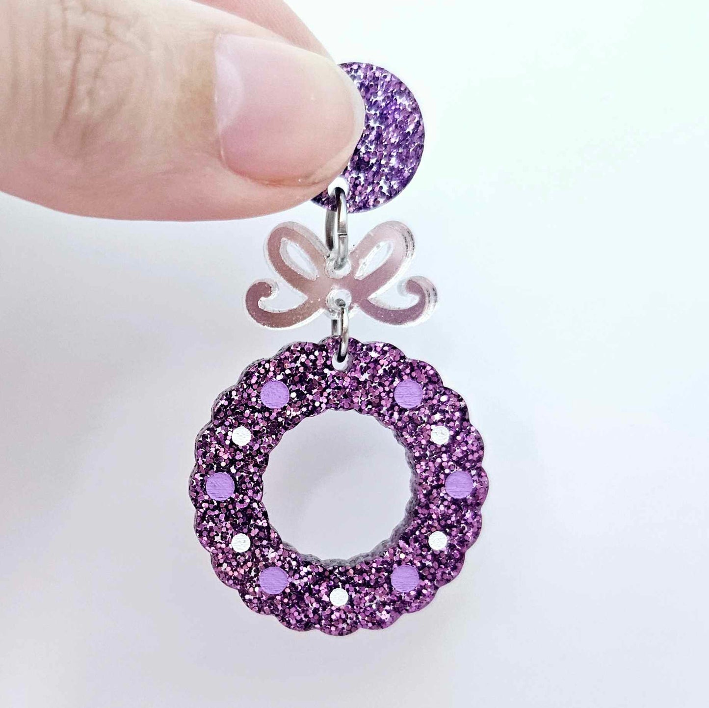 purple glitter wreath Christmas Xmas bows DIY earring supplies laser cut acrylic dangles blanks engraved paint filled baubles layered hoops