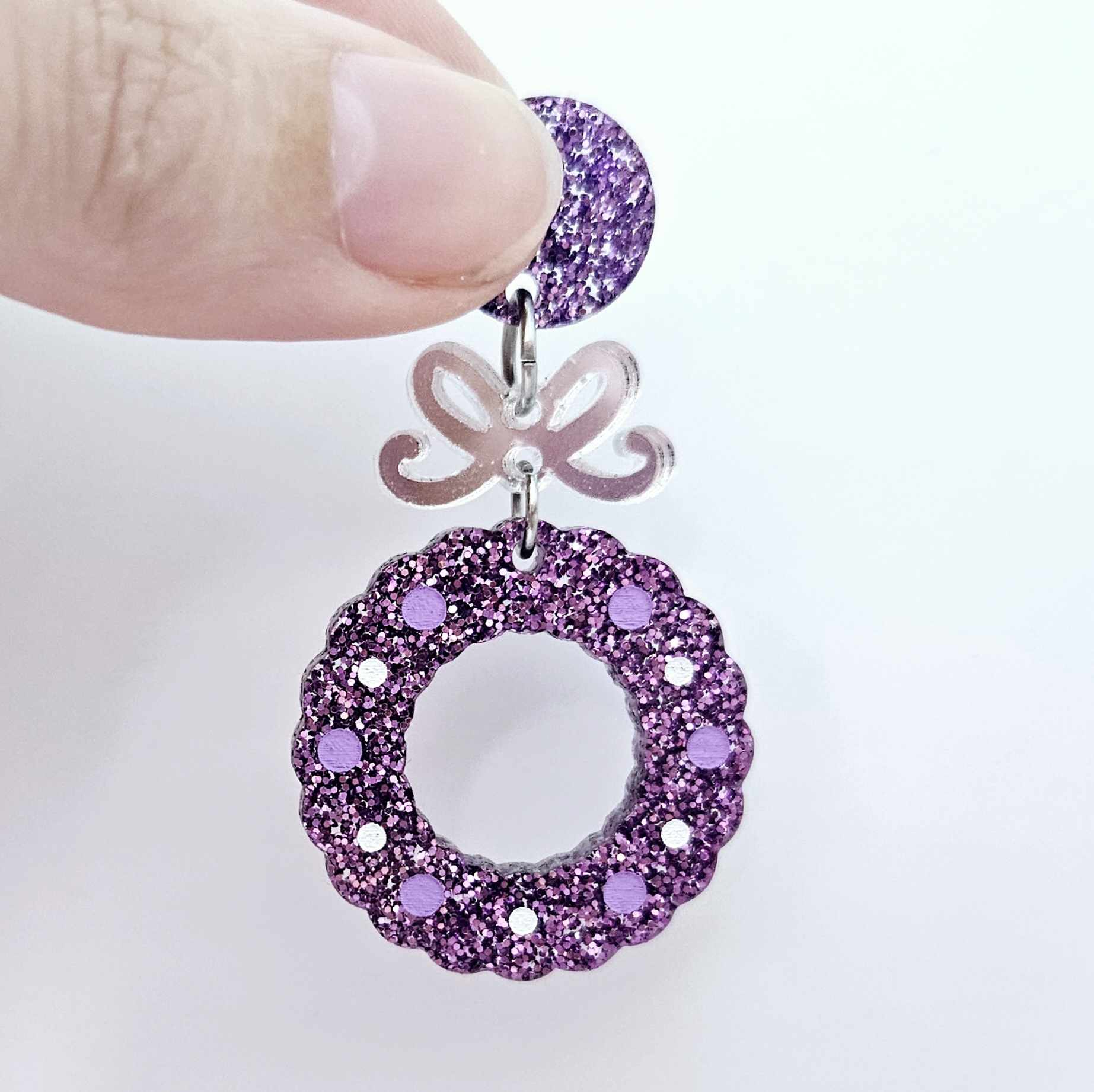 purple glitter wreath Christmas Xmas bows DIY earring supplies laser cut acrylic dangles blanks engraved paint filled baubles layered hoops