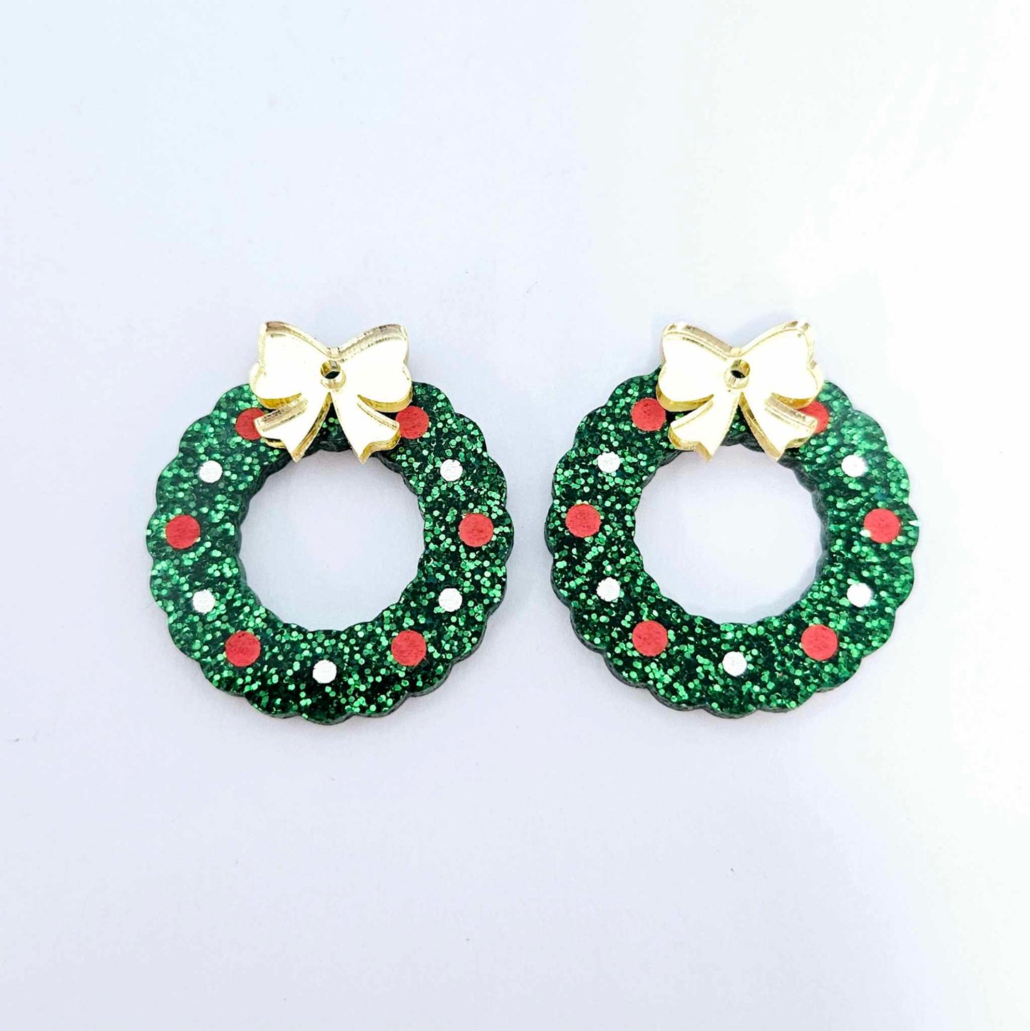 green glitter wreath Christmas Xmas bows DIY earring supplies laser cut acrylic dangles blanks engraved paint filled baubles layered hoops