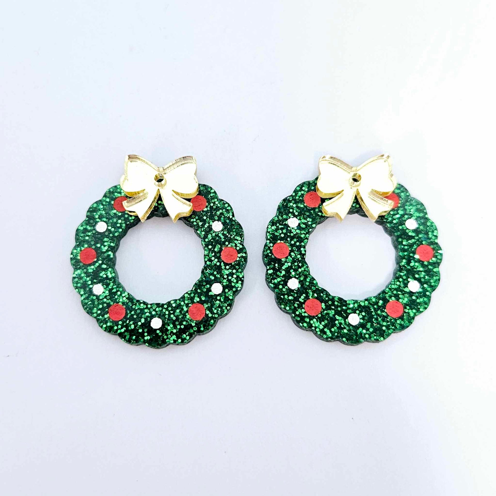 green glitter wreath Christmas Xmas bows DIY earring supplies laser cut acrylic dangles blanks engraved paint filled baubles layered hoops