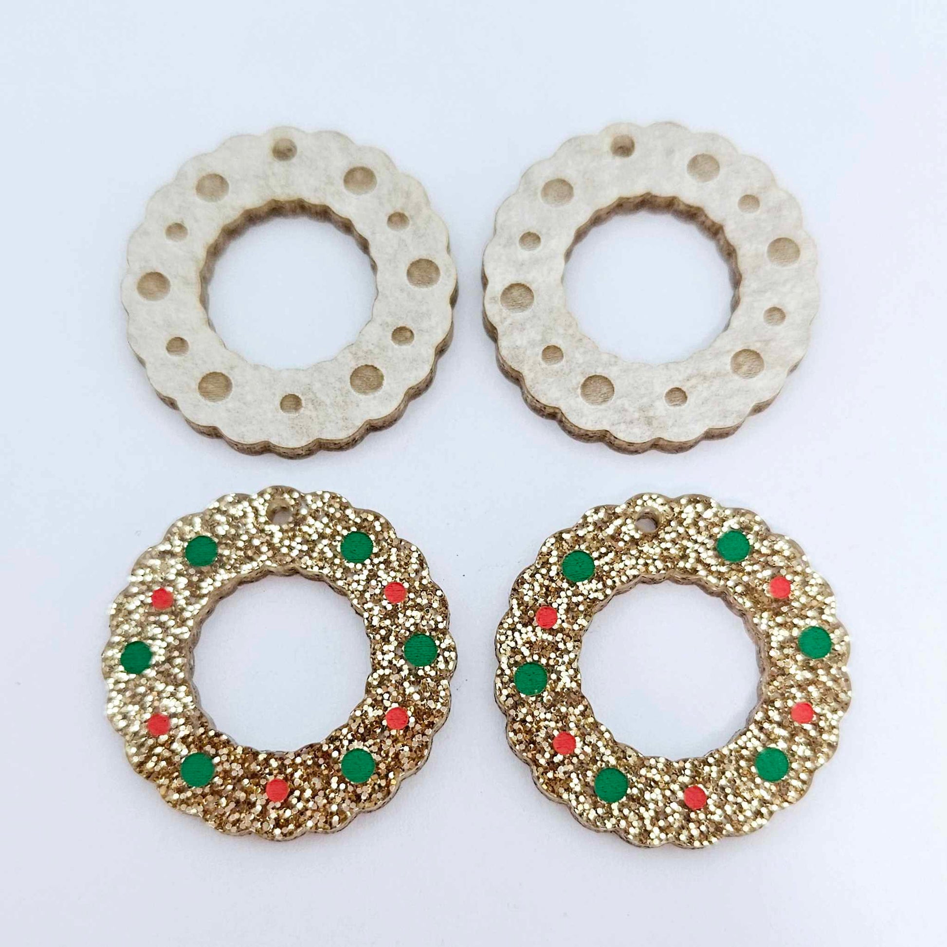 rose gold glitter wreath Christmas Xmas bows DIY earring supplies laser cut acrylic dangles blanks engraved paint filled baubles layered hoops
