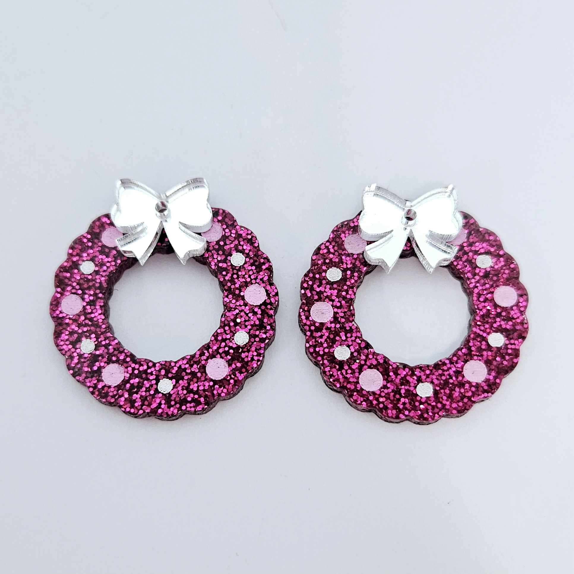 hot pink glitter wreath Christmas Xmas bows DIY earring supplies laser cut acrylic dangles blanks engraved paint filled baubles layered hoops