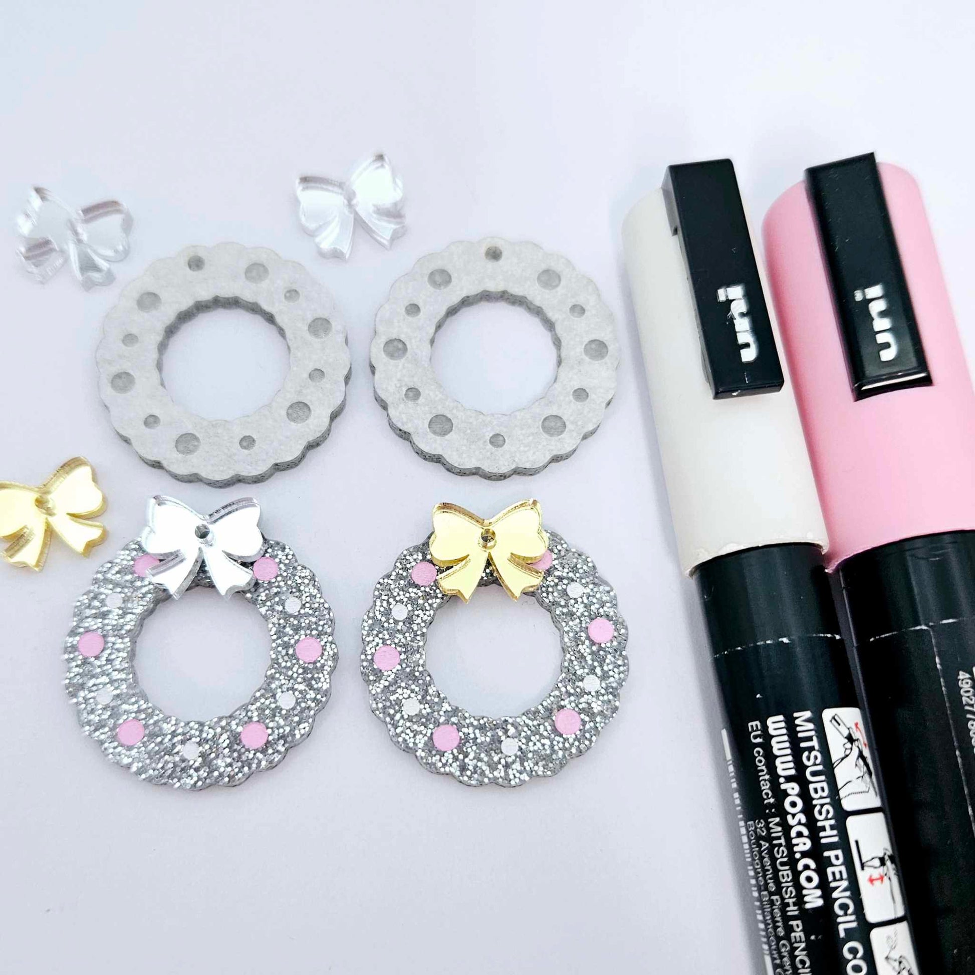 silver glitter wreath Christmas Xmas bows DIY earring supplies laser cut acrylic dangles blanks engraved paint filled baubles layered hoops