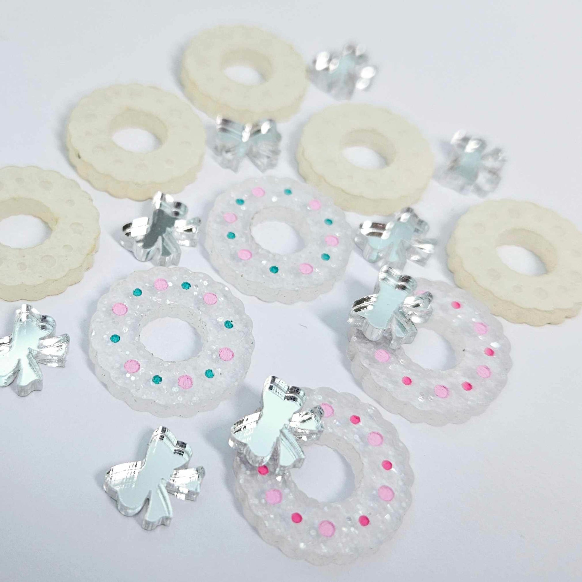 fairy dust silver clear glitter wreath Christmas Xmas silver mirror bows DIY earring supplies laser cut acrylic studs blanks engraved paint filled baubles statement