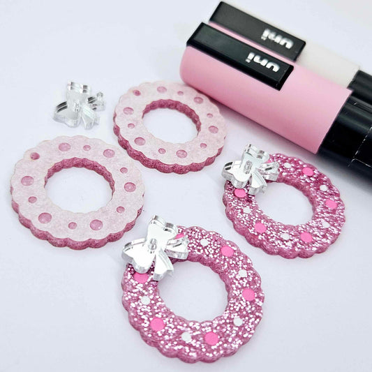 pink glitter wreath Christmas Xmas bows DIY earring supplies laser cut acrylic dangles blanks engraved paint filled baubles layered hoops