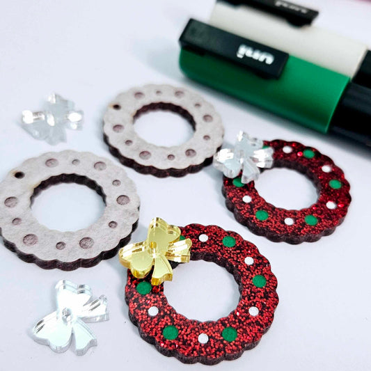 red glitter wreath Christmas Xmas bows DIY earring supplies laser cut acrylic dangles blanks engraved paint filled baubles layered hoops