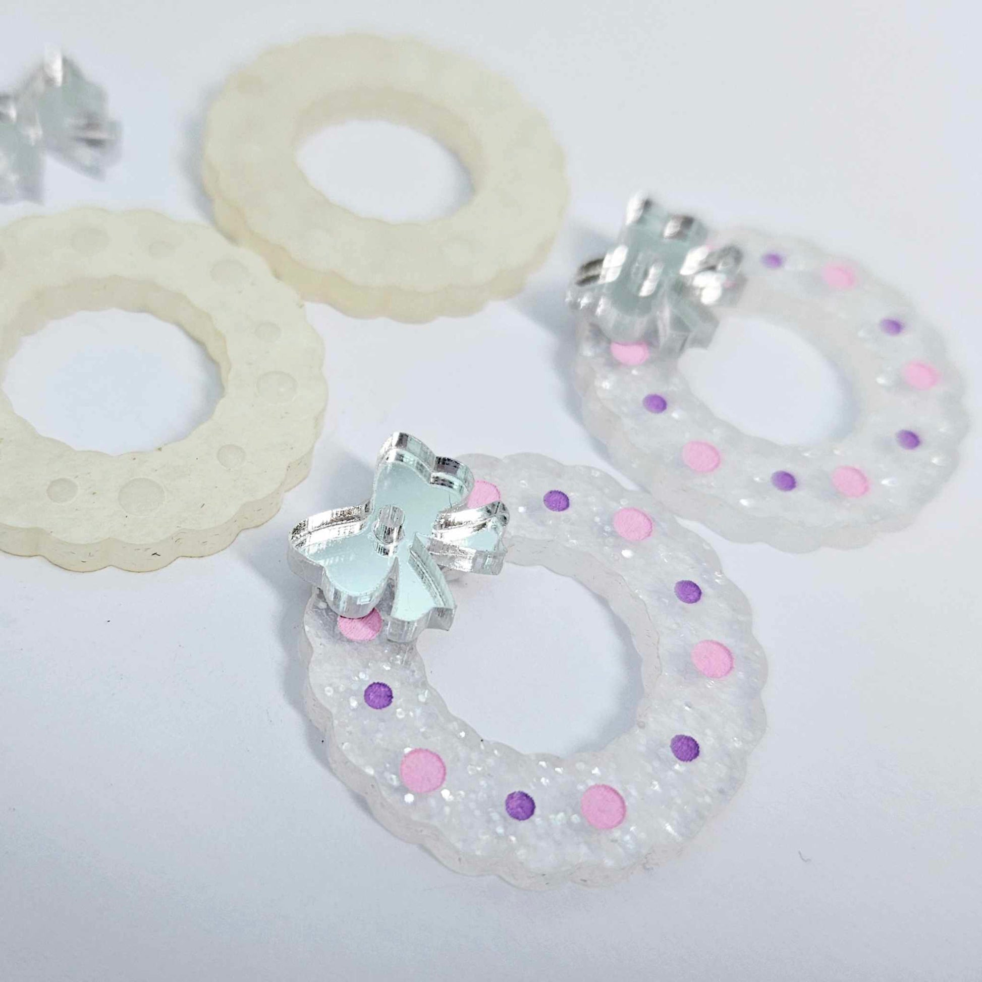 fairy dust clear silver glitter wreath Christmas Xmas bows DIY earring supplies laser cut acrylic dangles blanks engraved paint filled baubles layered hoops