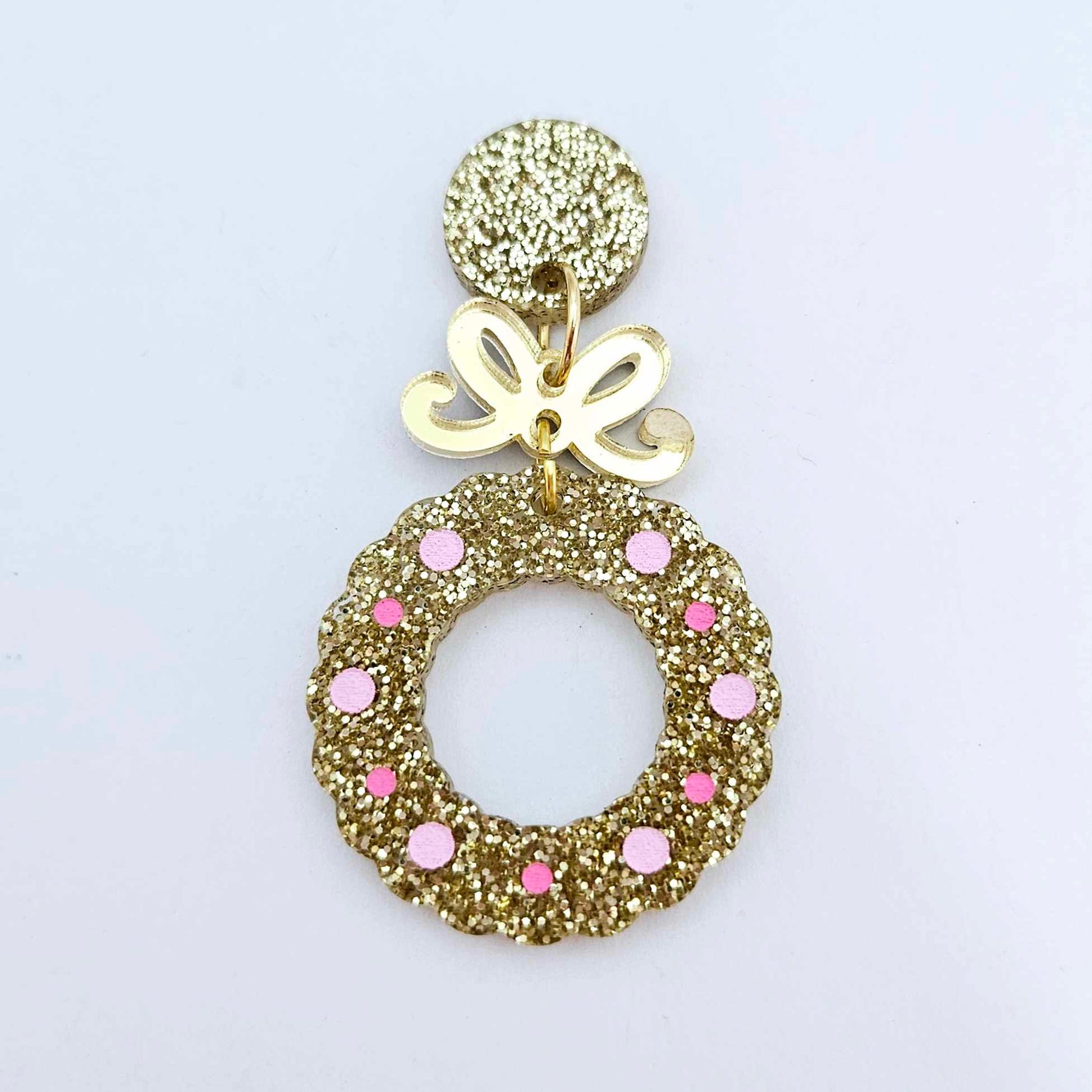 gold glitter wreath Christmas Xmas bows DIY earring supplies laser cut acrylic dangles blanks engraved paint filled baubles layered hoops