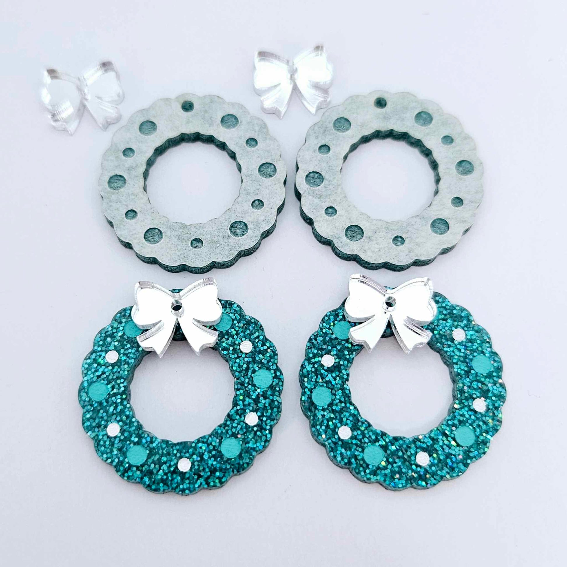 teal glitter wreath Christmas Xmas bows DIY earring supplies laser cut acrylic dangles blanks engraved paint filled baubles layered hoops