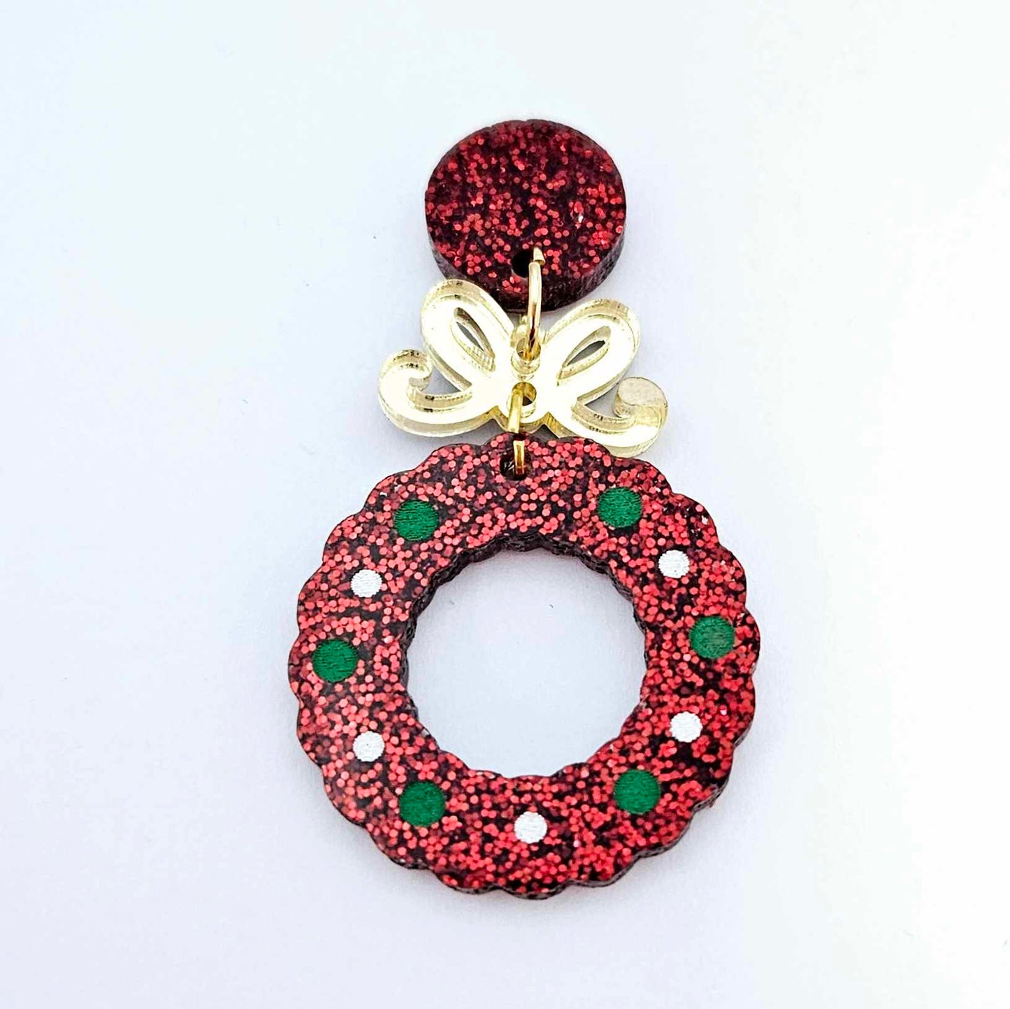 red glitter wreath Christmas Xmas bows DIY earring supplies laser cut acrylic dangles blanks engraved paint filled baubles layered hoops