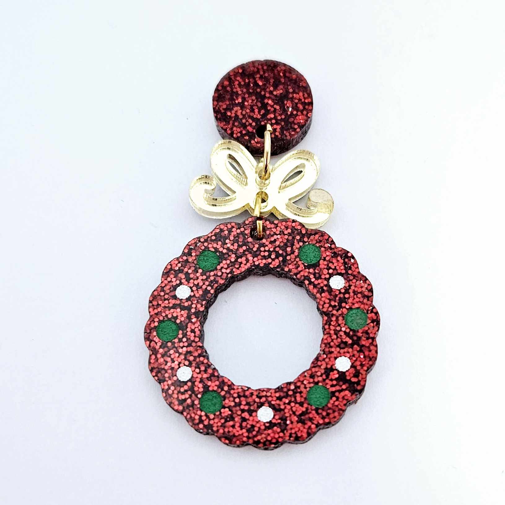 red glitter wreath Christmas Xmas bows DIY earring supplies laser cut acrylic dangles blanks engraved paint filled baubles layered hoops