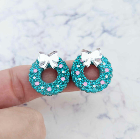 teal glitter wreath Christmas Xmas silver mirror bows DIY earring supplies laser cut acrylic studs blanks engraved paint filled baubles statement
