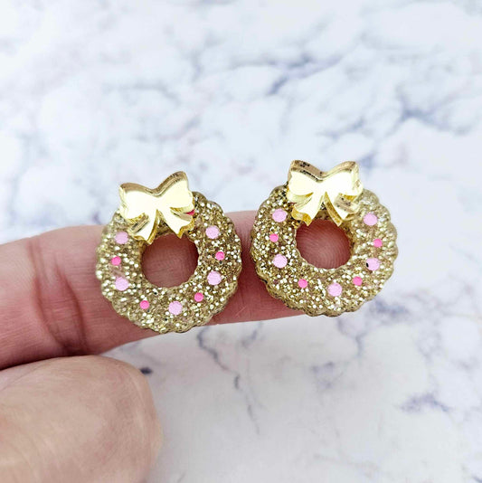 gold glitter wreath Christmas Xmas silver mirror bows DIY earring supplies laser cut acrylic studs blanks engraved paint filled baubles statement