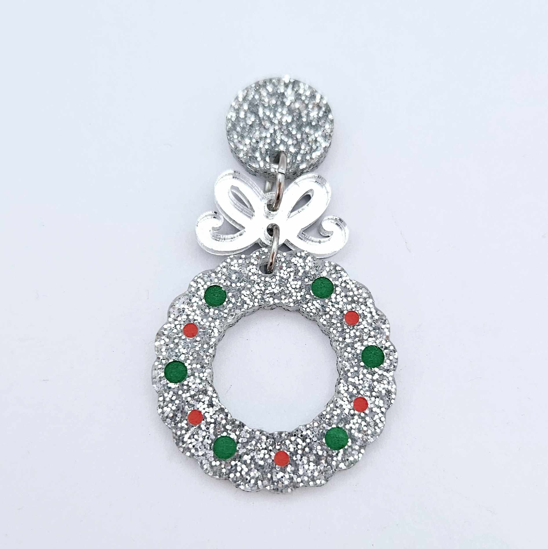silver glitter wreath Christmas Xmas bows DIY earring supplies laser cut acrylic dangles blanks engraved paint filled baubles layered hoops