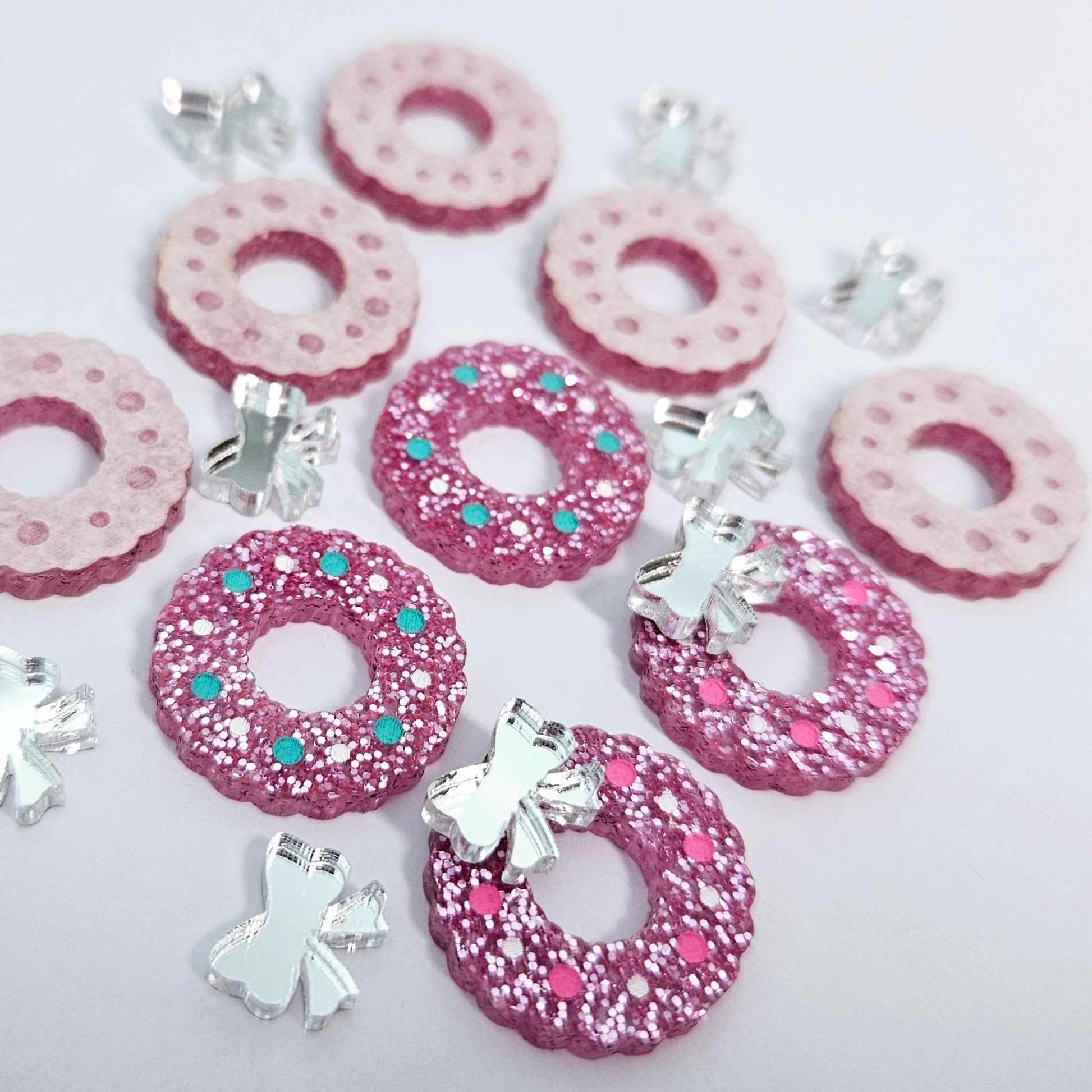 pink glitter wreath Christmas Xmas silver mirror bows DIY earring supplies laser cut acrylic studs blanks engraved paint filled baubles statement