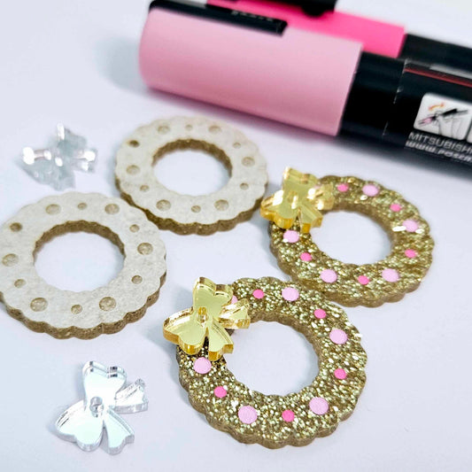 gold glitter wreath Christmas Xmas bows DIY earring supplies laser cut acrylic dangles blanks engraved paint filled baubles layered hoops