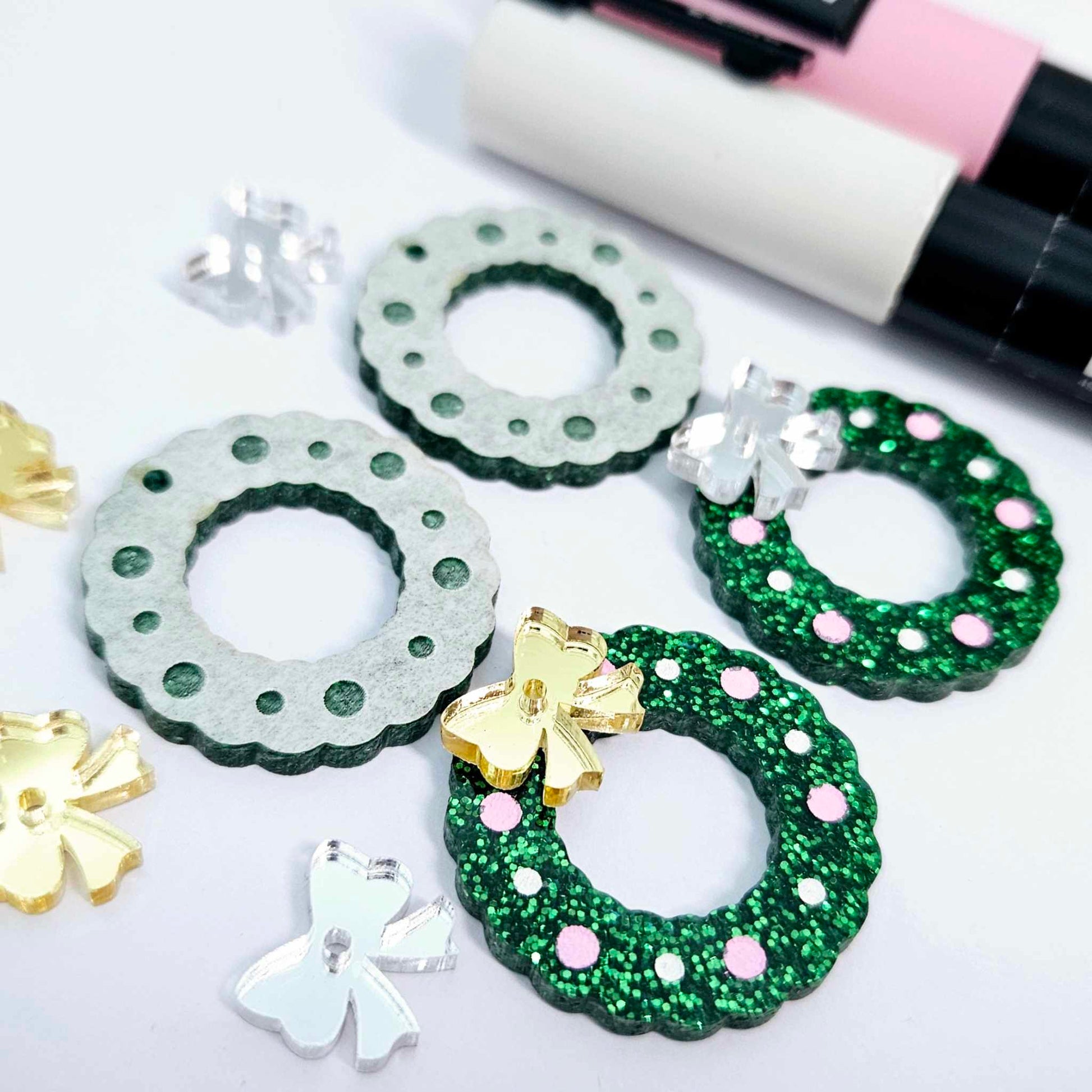 green glitter wreath Christmas Xmas bows DIY earring supplies laser cut acrylic dangles blanks engraved paint filled baubles layered hoops