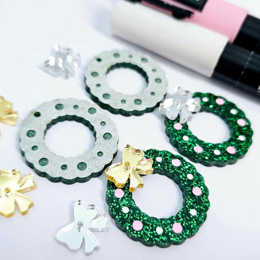 green glitter wreath Christmas Xmas bows DIY earring supplies laser cut acrylic dangles blanks engraved paint filled baubles layered hoops