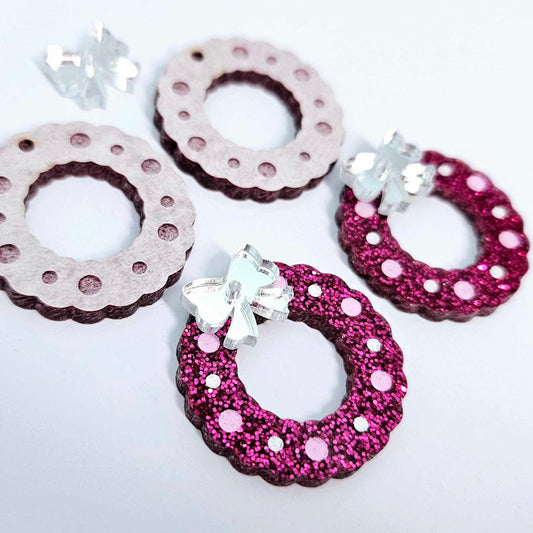 hot pink glitter wreath Christmas Xmas bows DIY earring supplies laser cut acrylic dangles blanks engraved paint filled baubles layered hoops